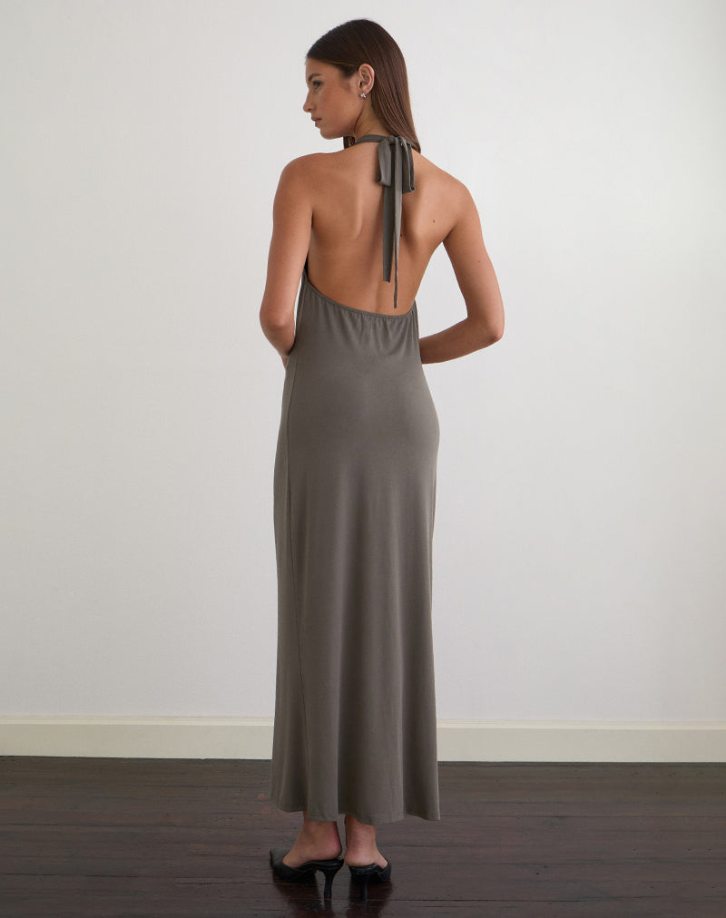 Image of Zarya Maxi Dress in Cupro Grey Khaki