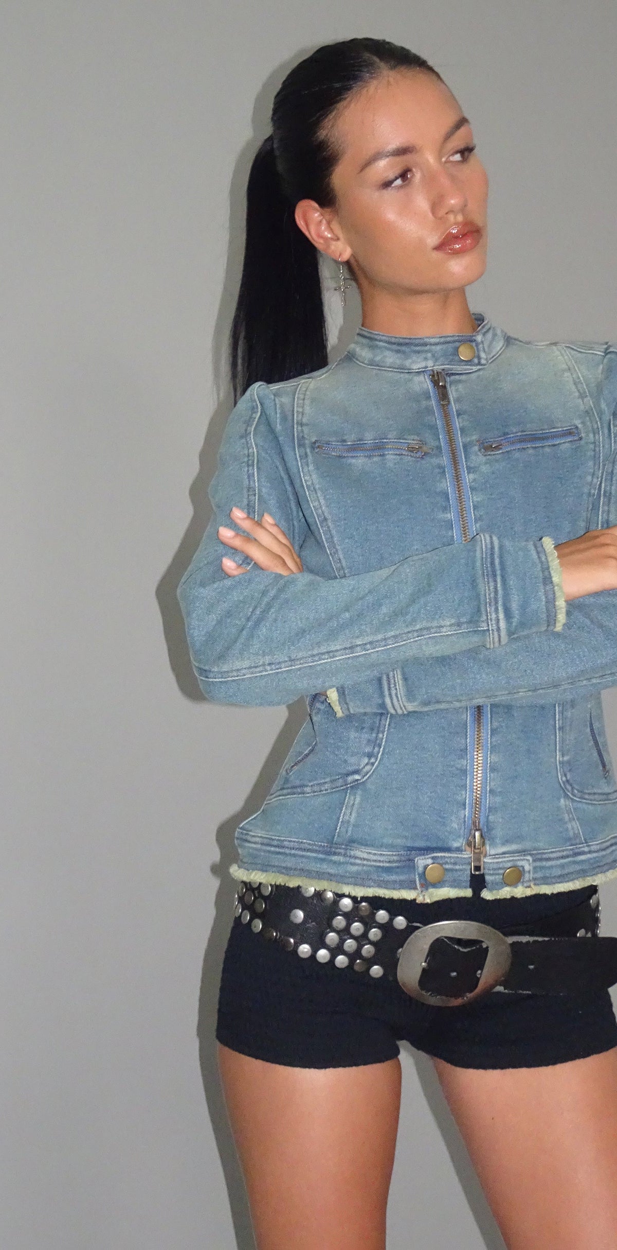 Solène Blue Denim Biker Jacket & Skirt Set