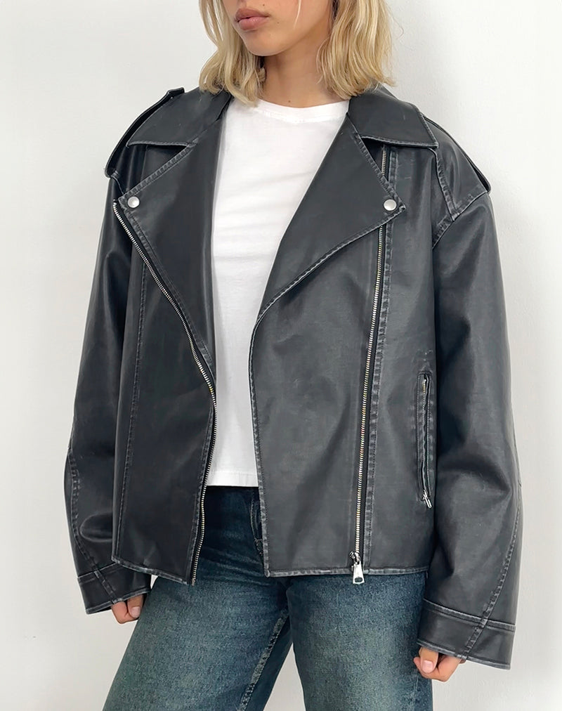 Image of Zebbie Distressed PU Biker Jacket in Black