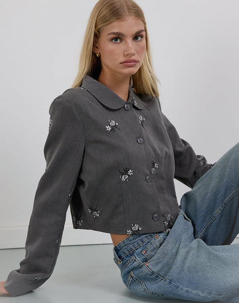 Charcoal Floral Embroidery Tailoring Jacket | Zedari – motelrocks