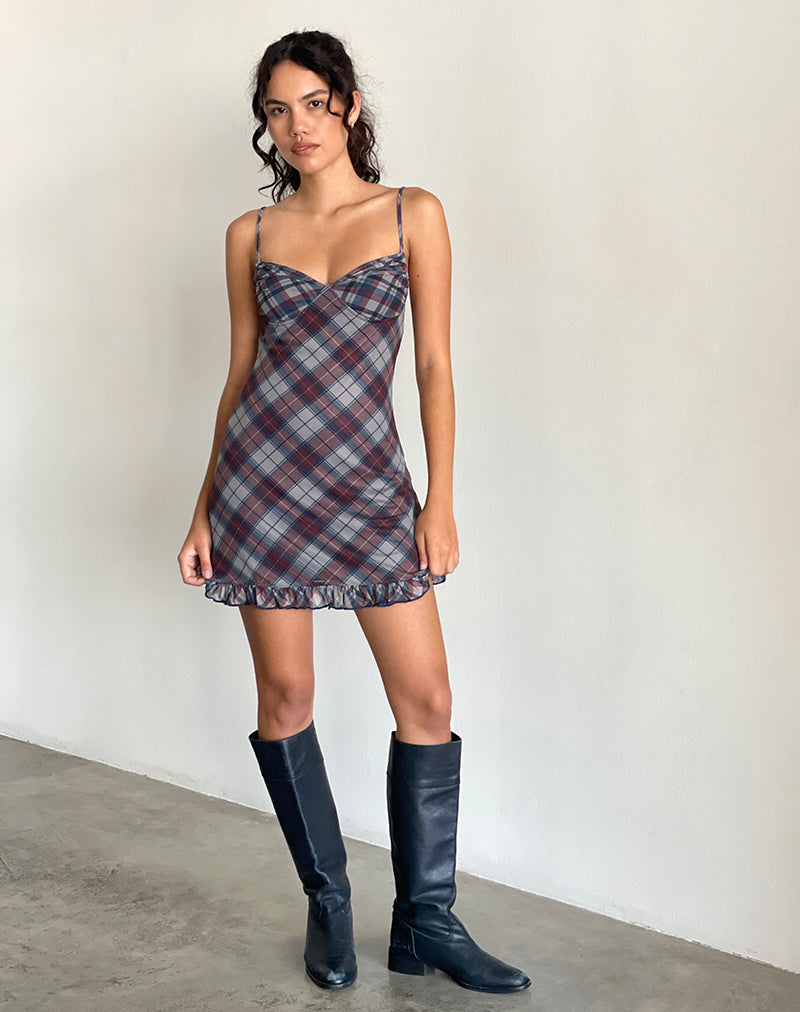 Navy Diagonal Check Mini Dress | Zeinari – motelrocks-com-us