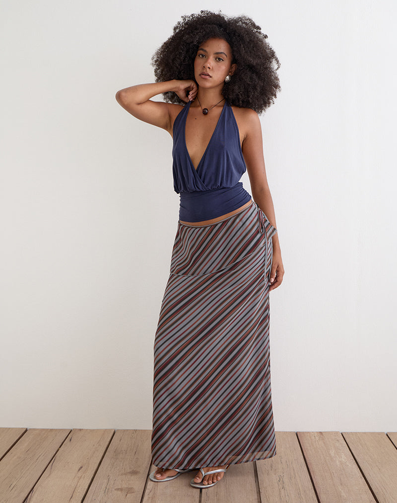 Grey and Maroon Chiffon Diagonal Stripe Maxi Skirt | Zelvia