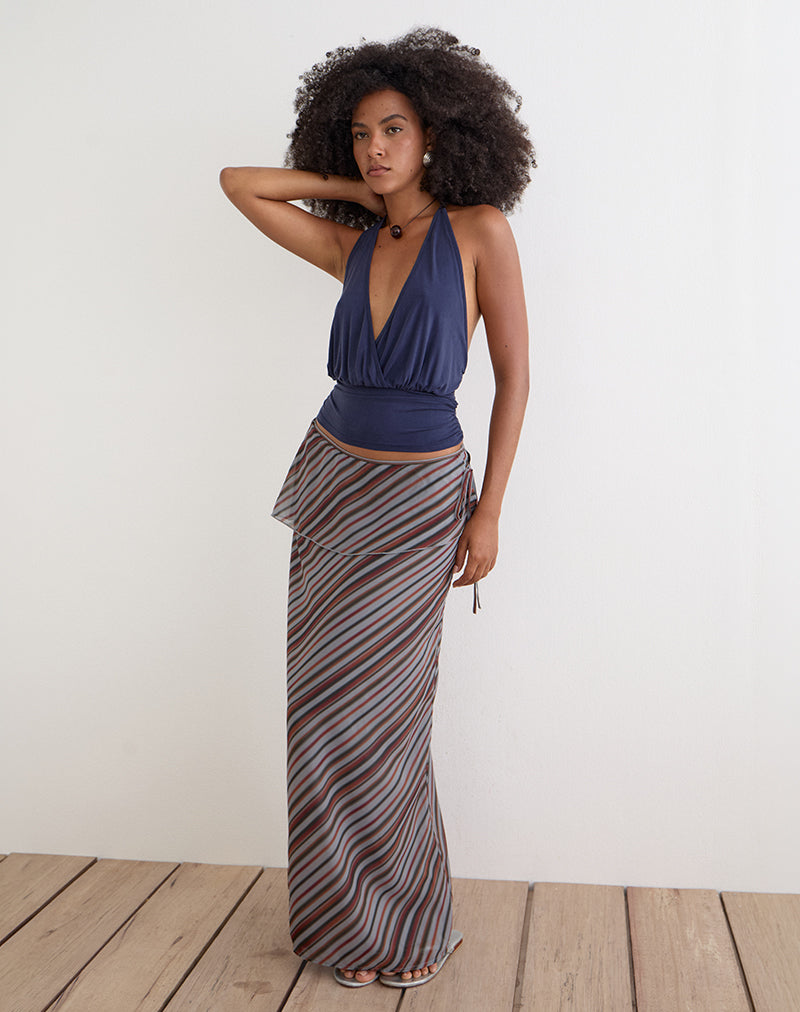 Zelvia Maxi Skirt in Chiffon Grey and Maroon Diagonal Stripe