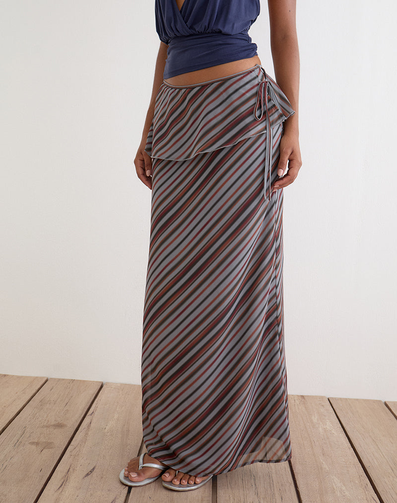 Zelvia Maxi Skirt in Chiffon Grey and Maroon Diagonal Stripe