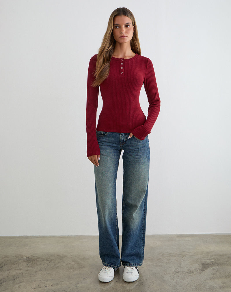 Mini Rib Maroon Maroon Red Long Sleeve Button Up Rib Knit Top | Zinta – motelrocks-com-us