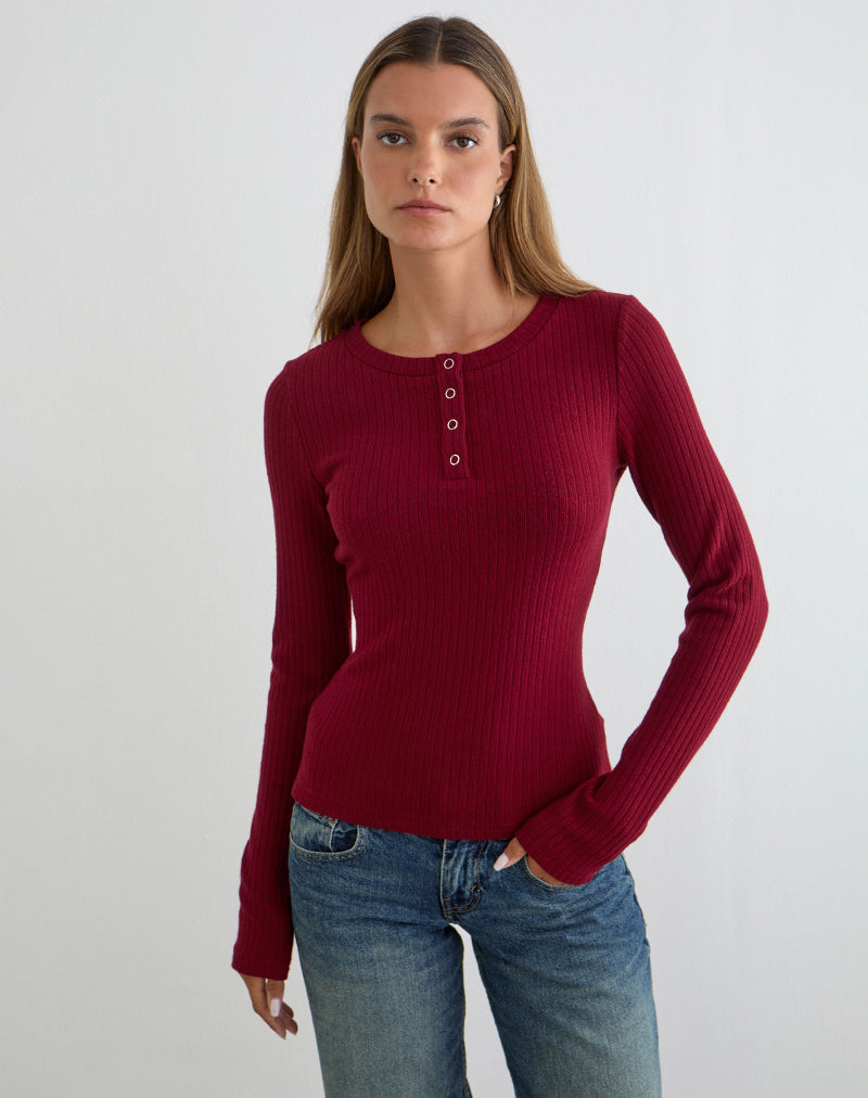 Mini Rib Maroon Maroon Red Long Sleeve Button Up Rib Knit Top | Zinta – motelrocks-com-us