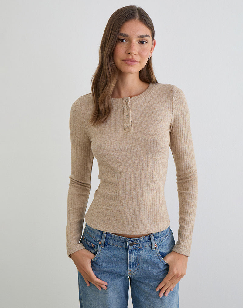 Image of Zinta Long Sleeve Button Up Top in Rib Knit Oat