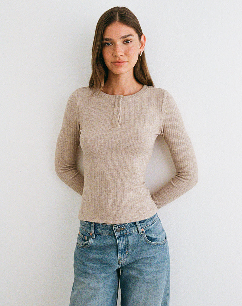Image of Zinta Long Sleeve Button Up Top in Rib Knit Oat
