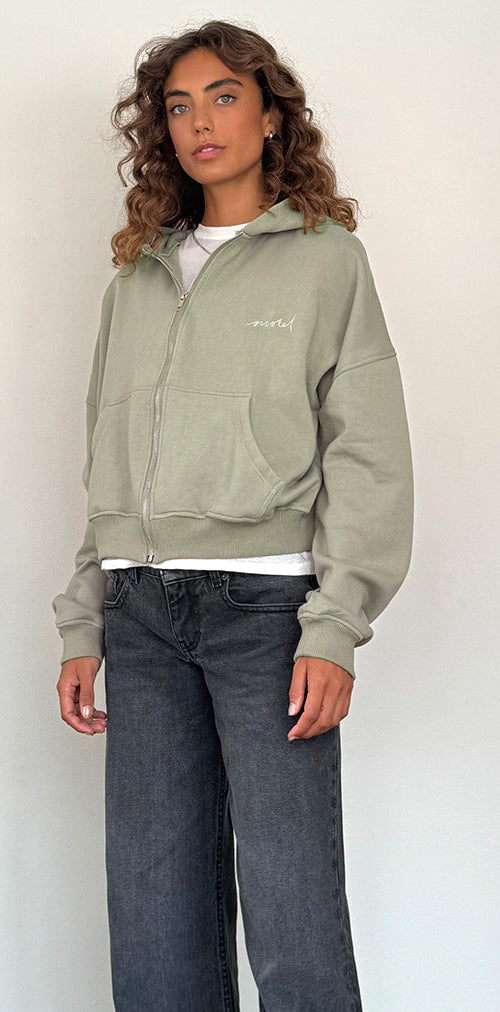 Image of Zip Up Jumper in London Fog with 'MOTEL' Ivory Embroidery