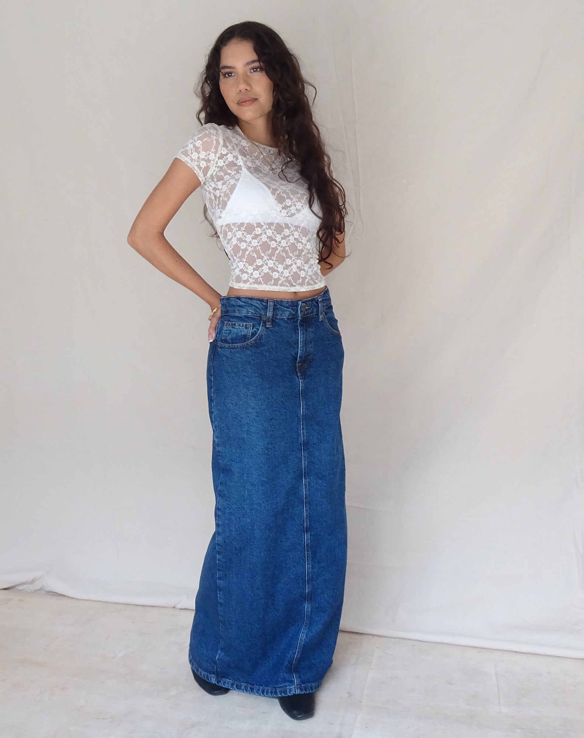 image of Low Rise Denim Maxi Skirt in Mid Blue Used