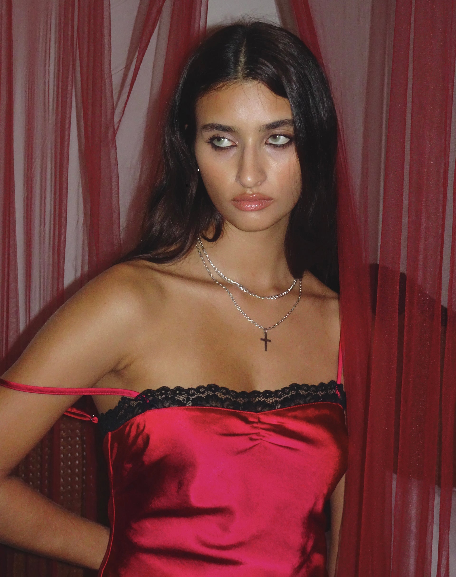 Red with Black Lace Trimming Satin Mini Dress | Larna motelrocks-com-us Red with Black Lace Trimming Satin Mini Dress | Larna motelrocks-com-us