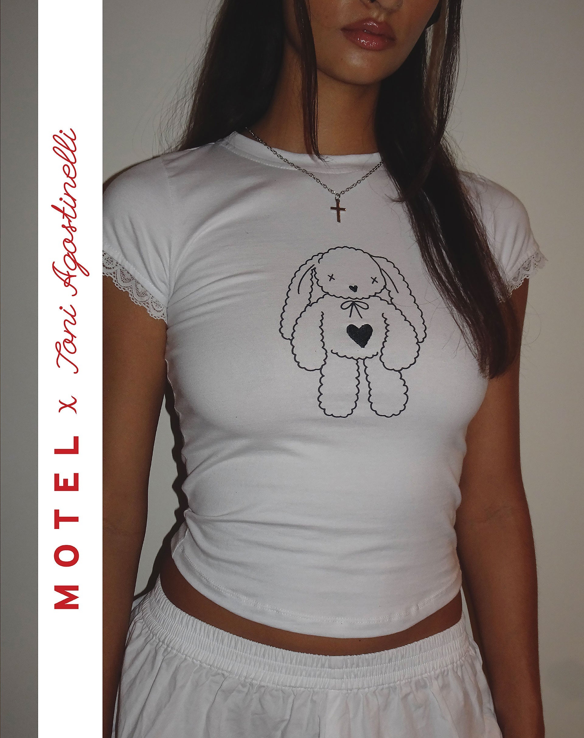 Image of MOTEL X Toni Agost Tattoo Izzy Tee in White with Heart Bunny Motif