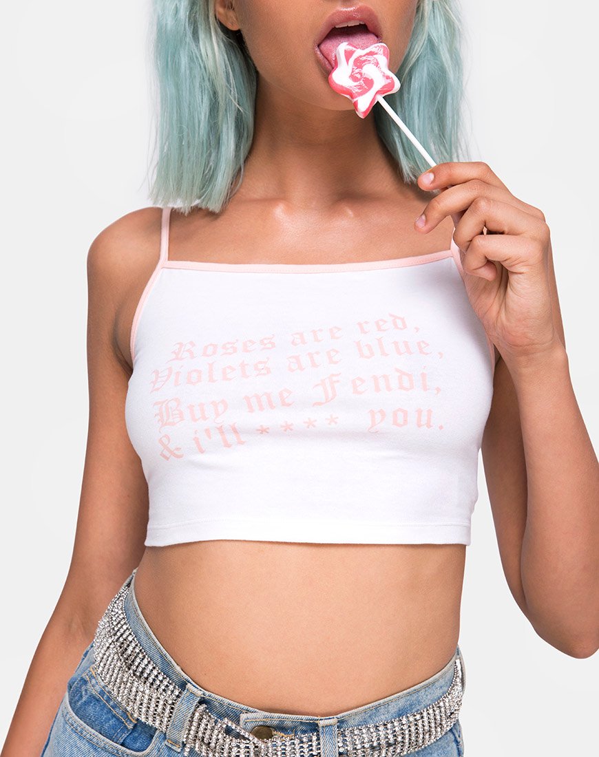 Image of Kamla Crop Top in White with Roses Are Red Text  X Top Girl