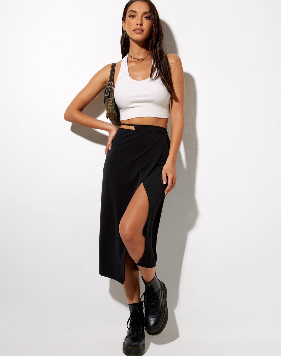 Black Wrap Around Side Split Midi Skirt | Alicia – motelrocks-com-us
