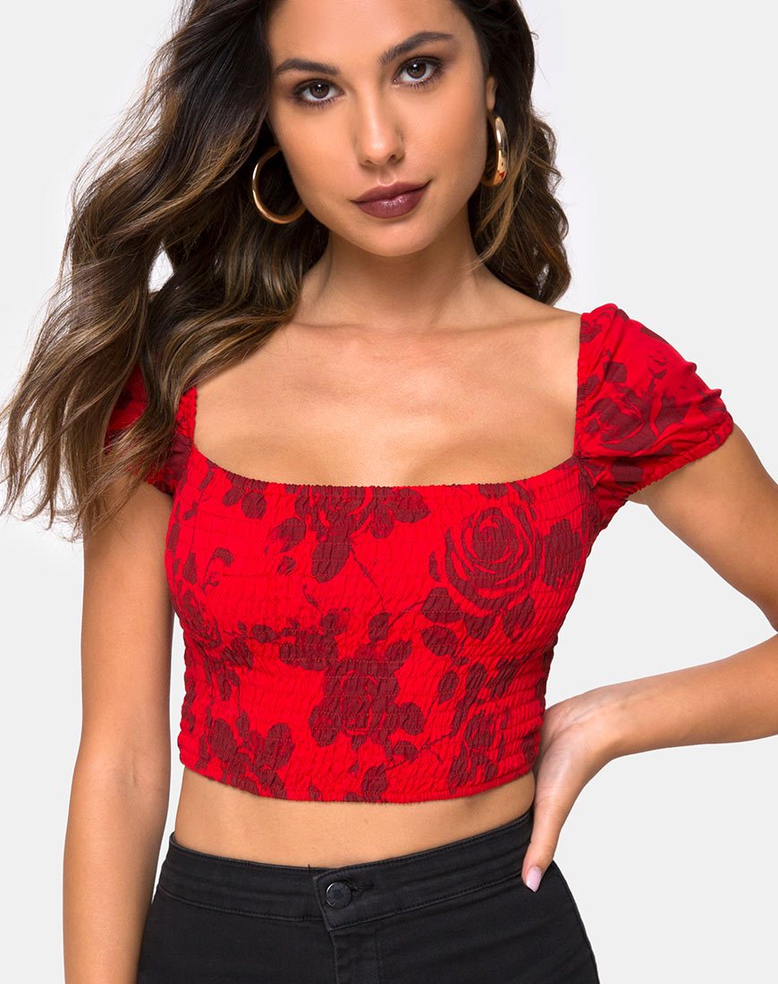 Image of Alya Crop Top in Tonal Floral Red