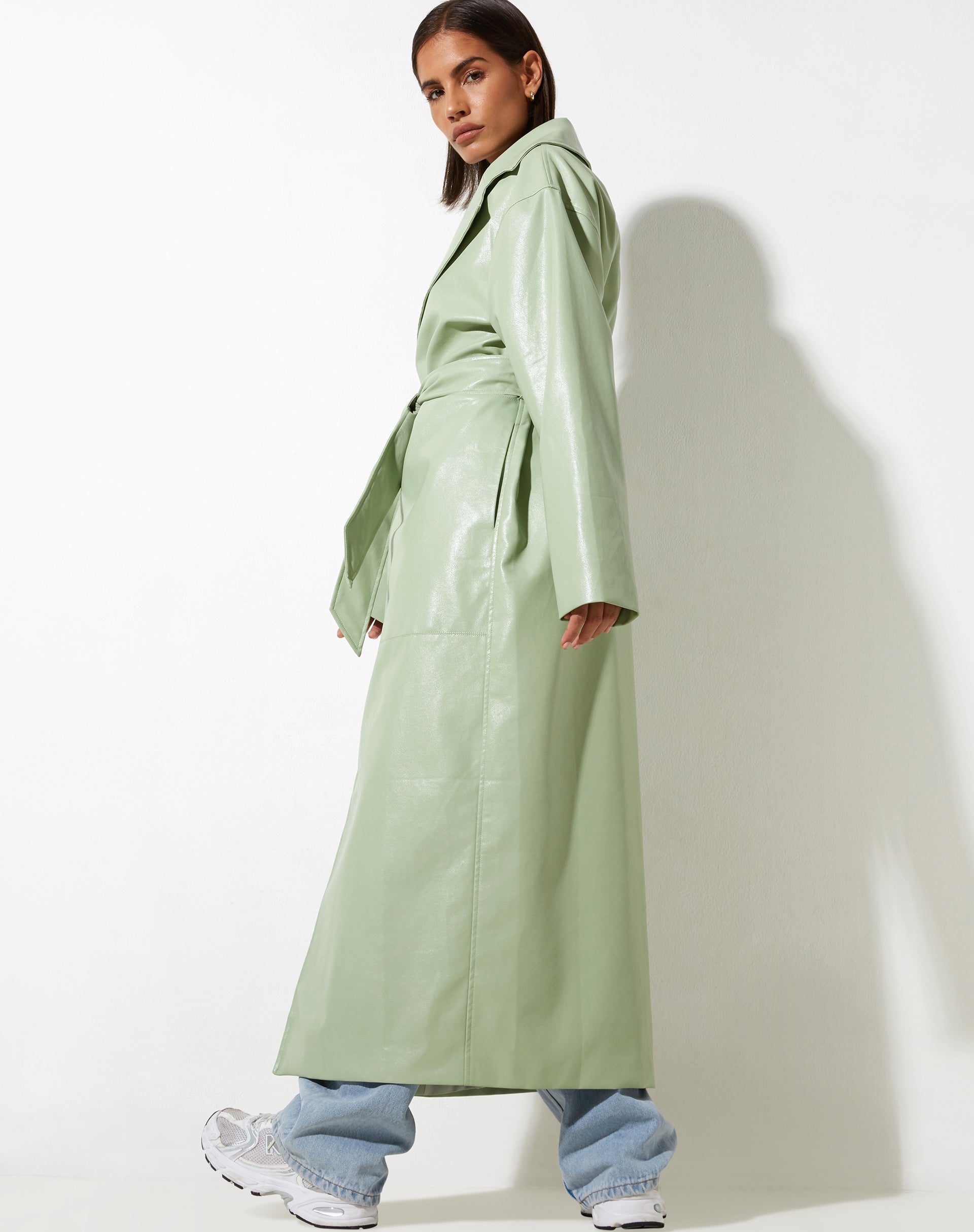 PU Mint Long Line Button Up Front Long Sleeve Trench Coat | Ejo ...