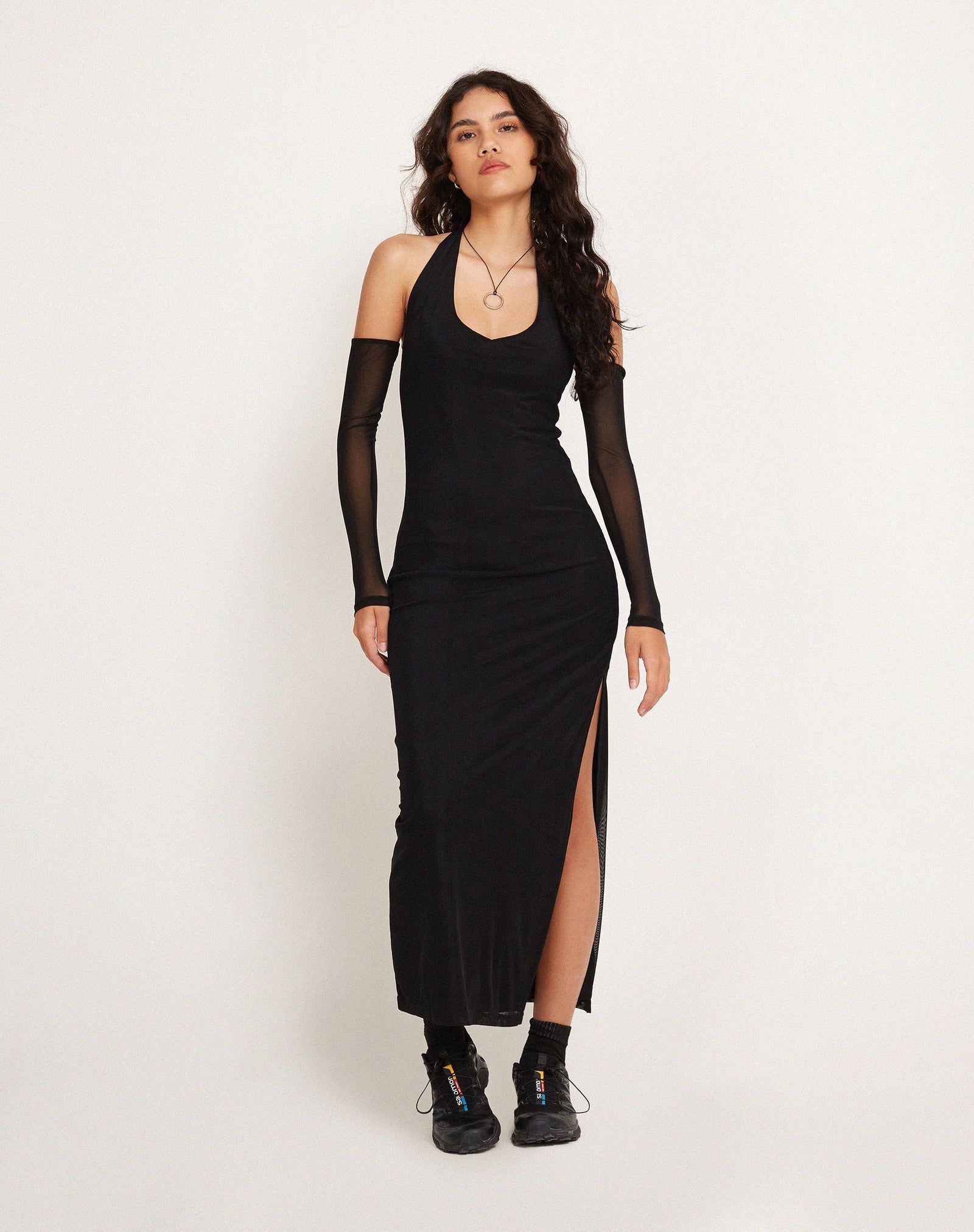 Black Mesh Halterneck Maxi Dress and Sleeve Set | Asmala 