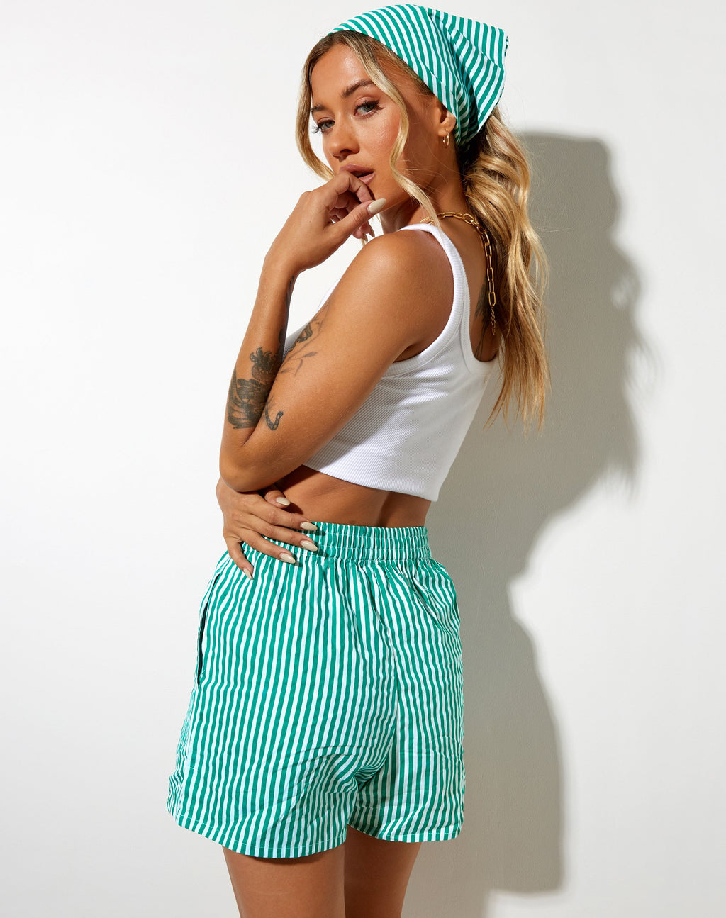 Lala Short in Vertical Stripe Green and White