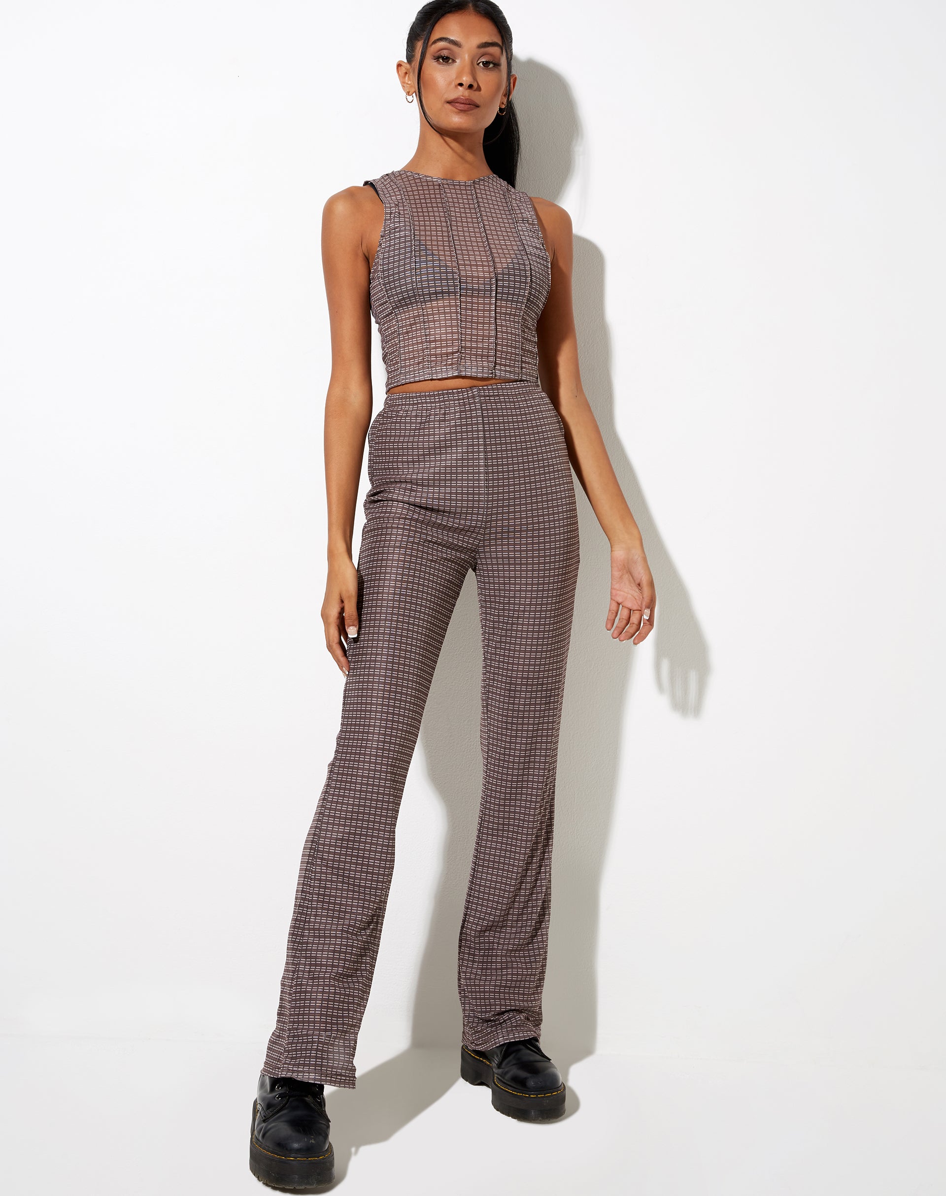 Image of Herly Flare Trouser with Lining in Mini Check Chocolate