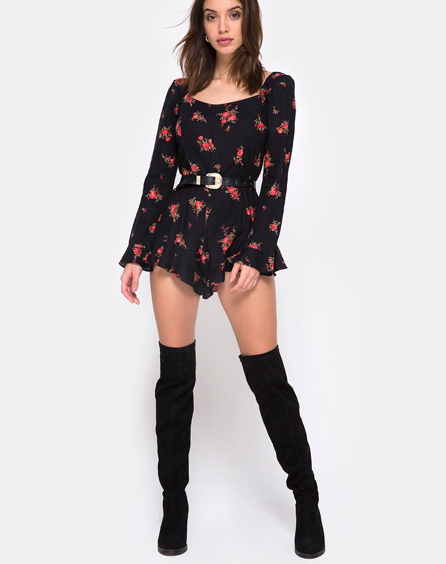 Image of Berlo Longsleeve Playsuit in Soi Rose Black and Red