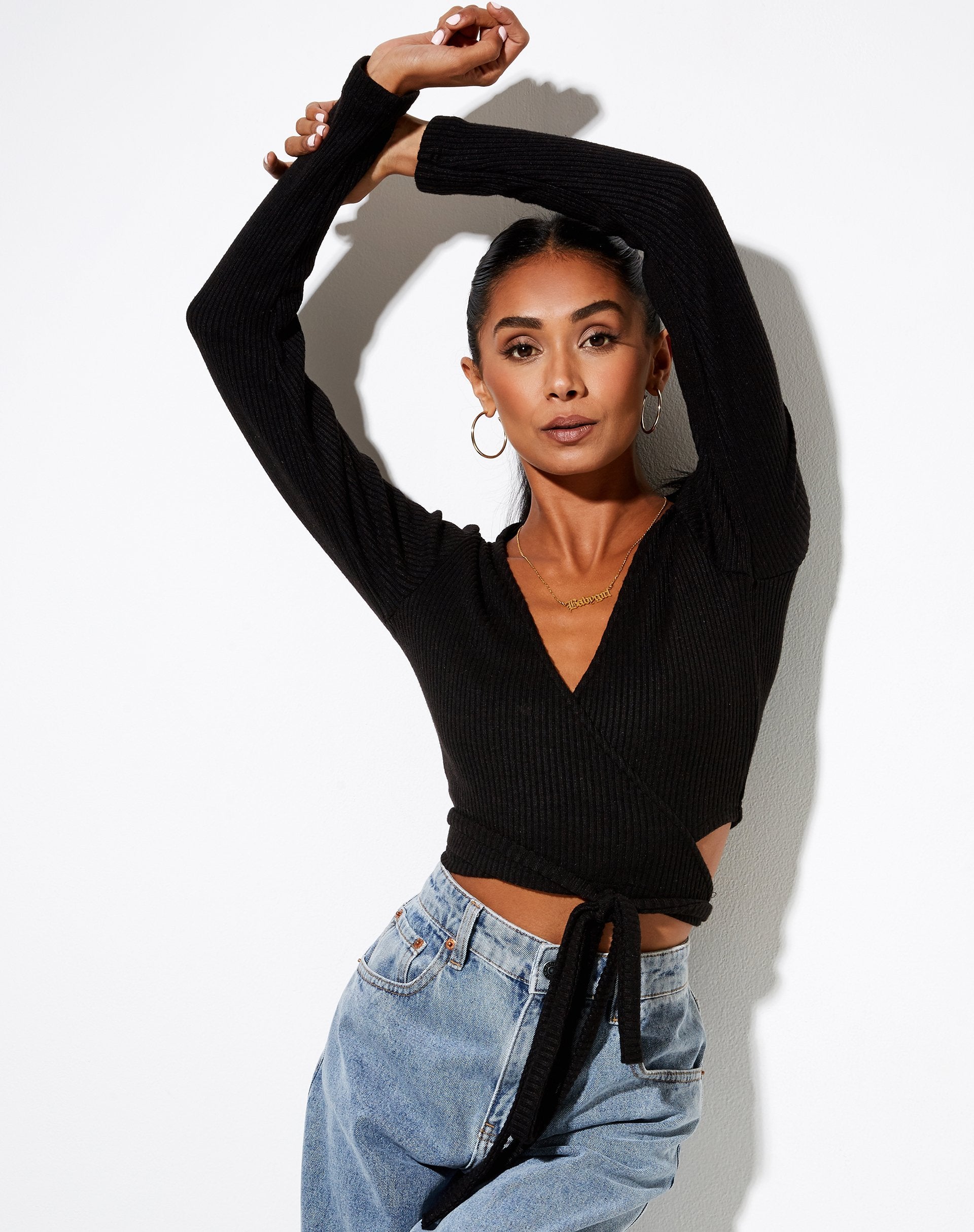 Image of Bianca Wrap Top in Rib Black
