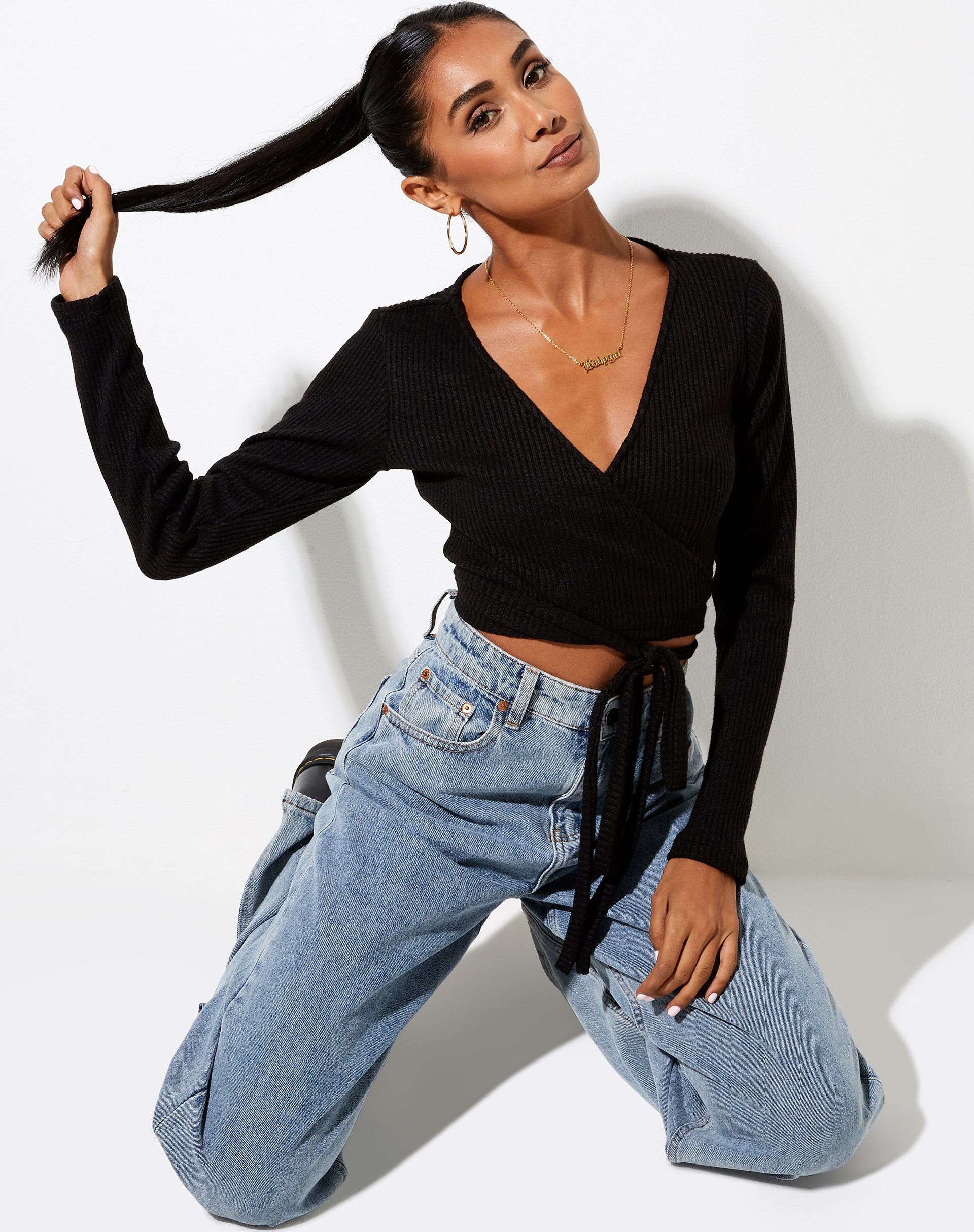 Image of Bianca Wrap Top in Rib Black