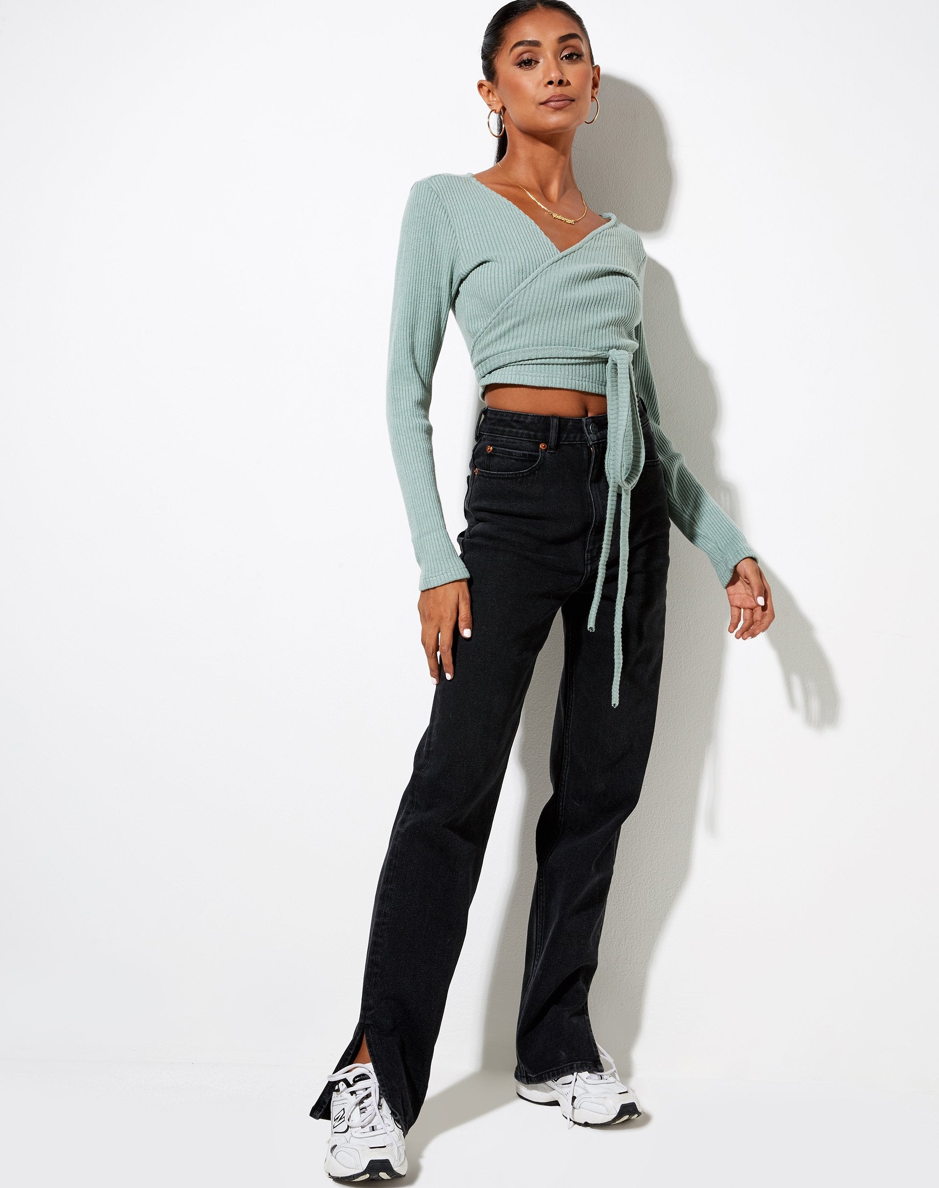 Image of Bianca Wrap Top in Rib Olive