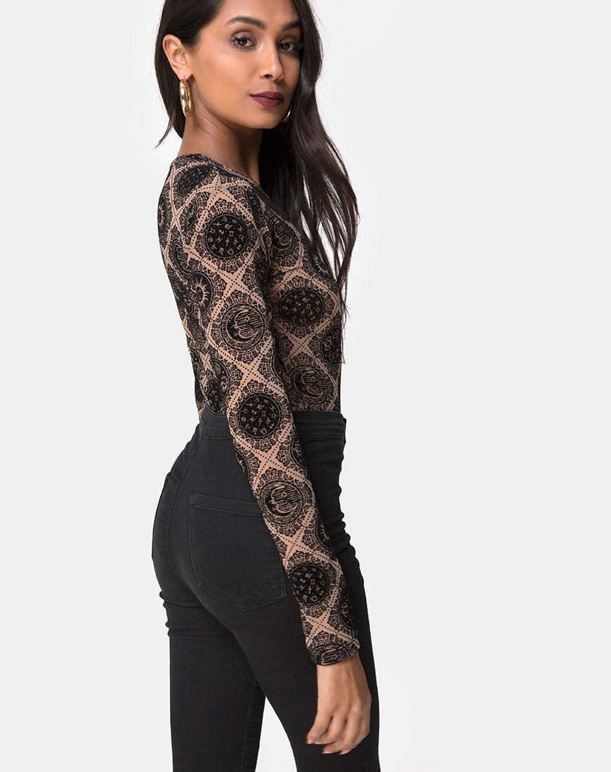 Image of Bonella Bodice Taupe Net with Black Sign Flock