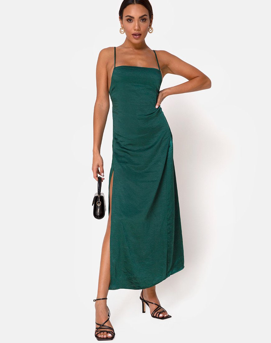 Strappy Dark Green Satin Midi Dress | Bonita – motelrocks-com-us