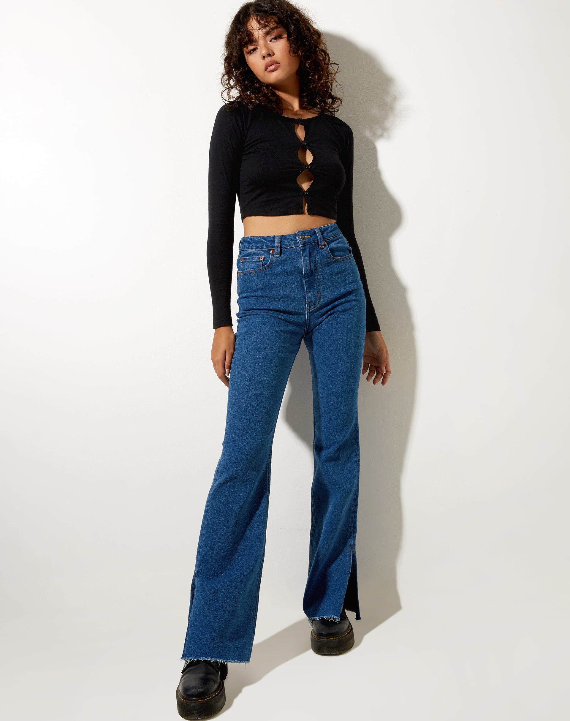 High Waisted Mid Wash Blue Denim Flared Jeans | Split
