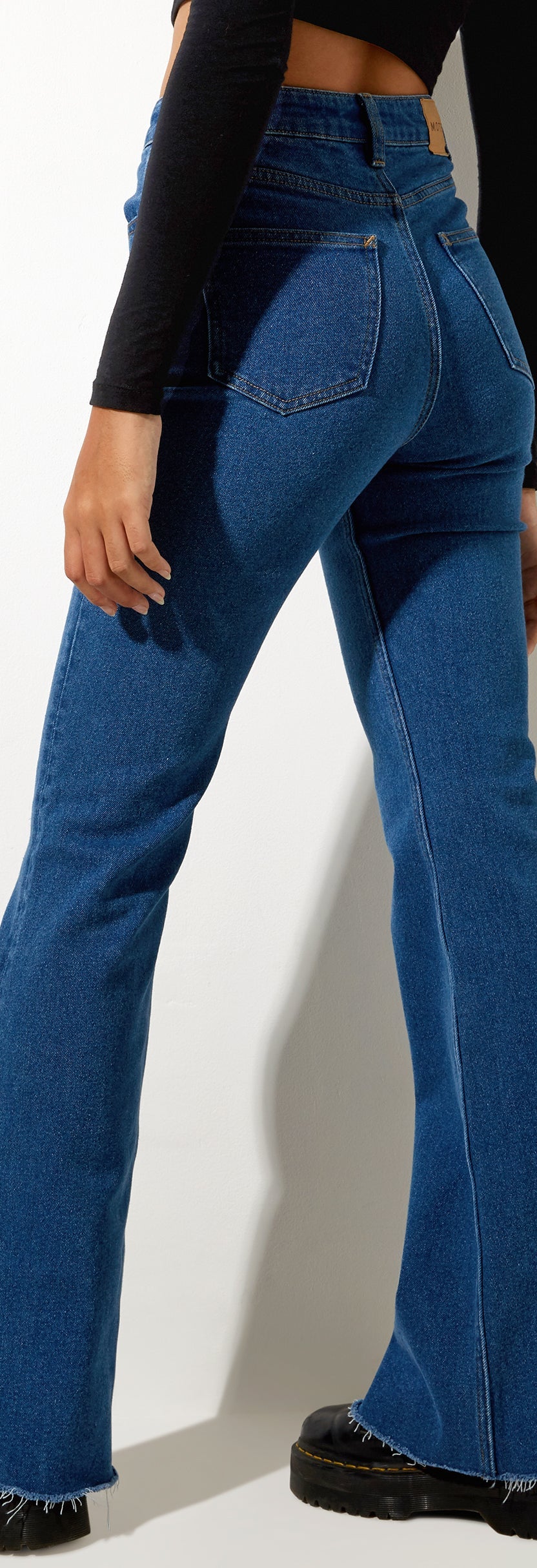 High Waisted Mid Wash Blue Denim Flared Jeans | Split Bootleg ...