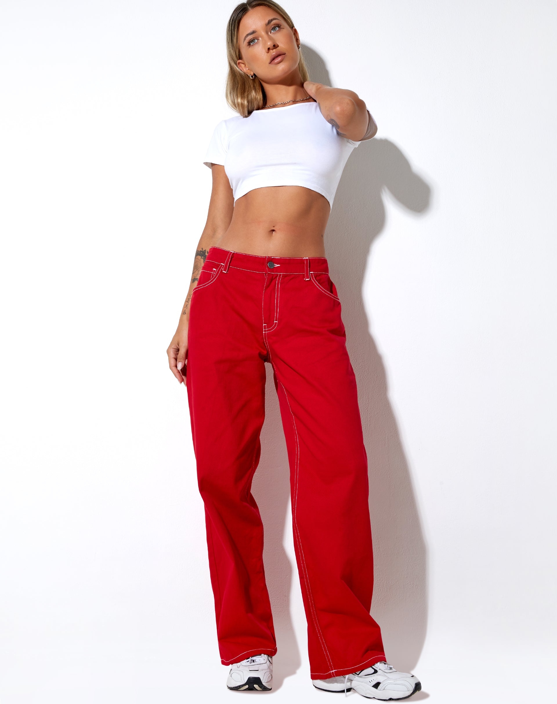 Red and White Stitching Wide Leg Trousers | Athene – motelrocks-com-us