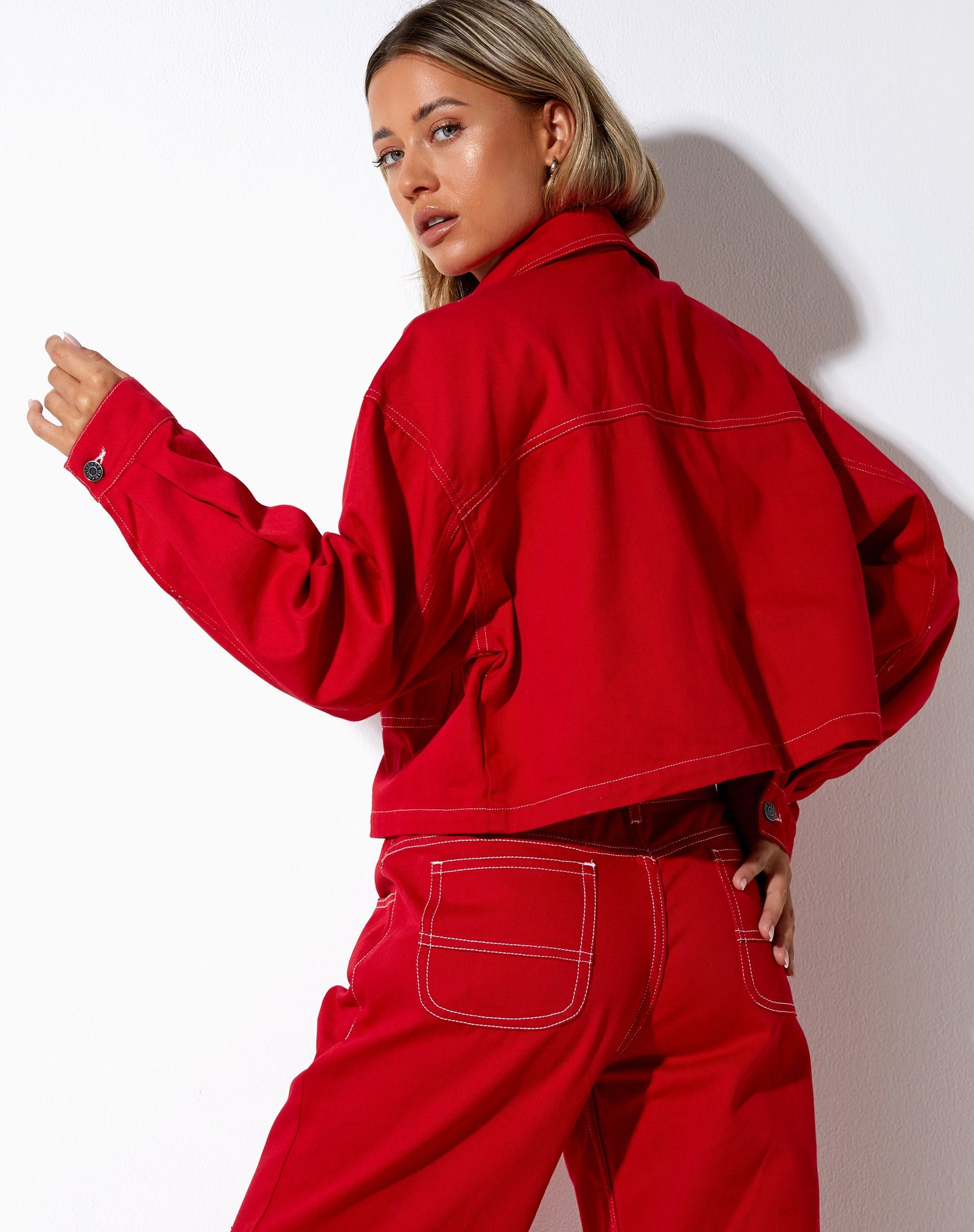 Red and White Stitching Button Up Denim Jacket | Boxy – motelrocks-com-us