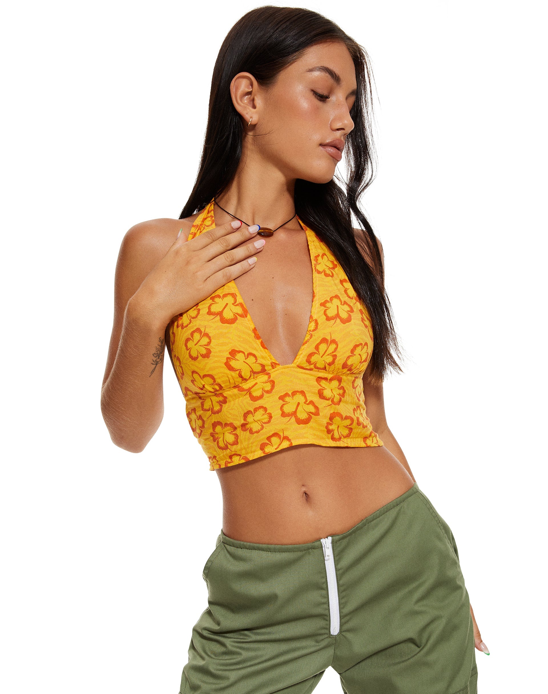 Orange Floral Plunge Neckline Halterneck Crop Top | Nanda