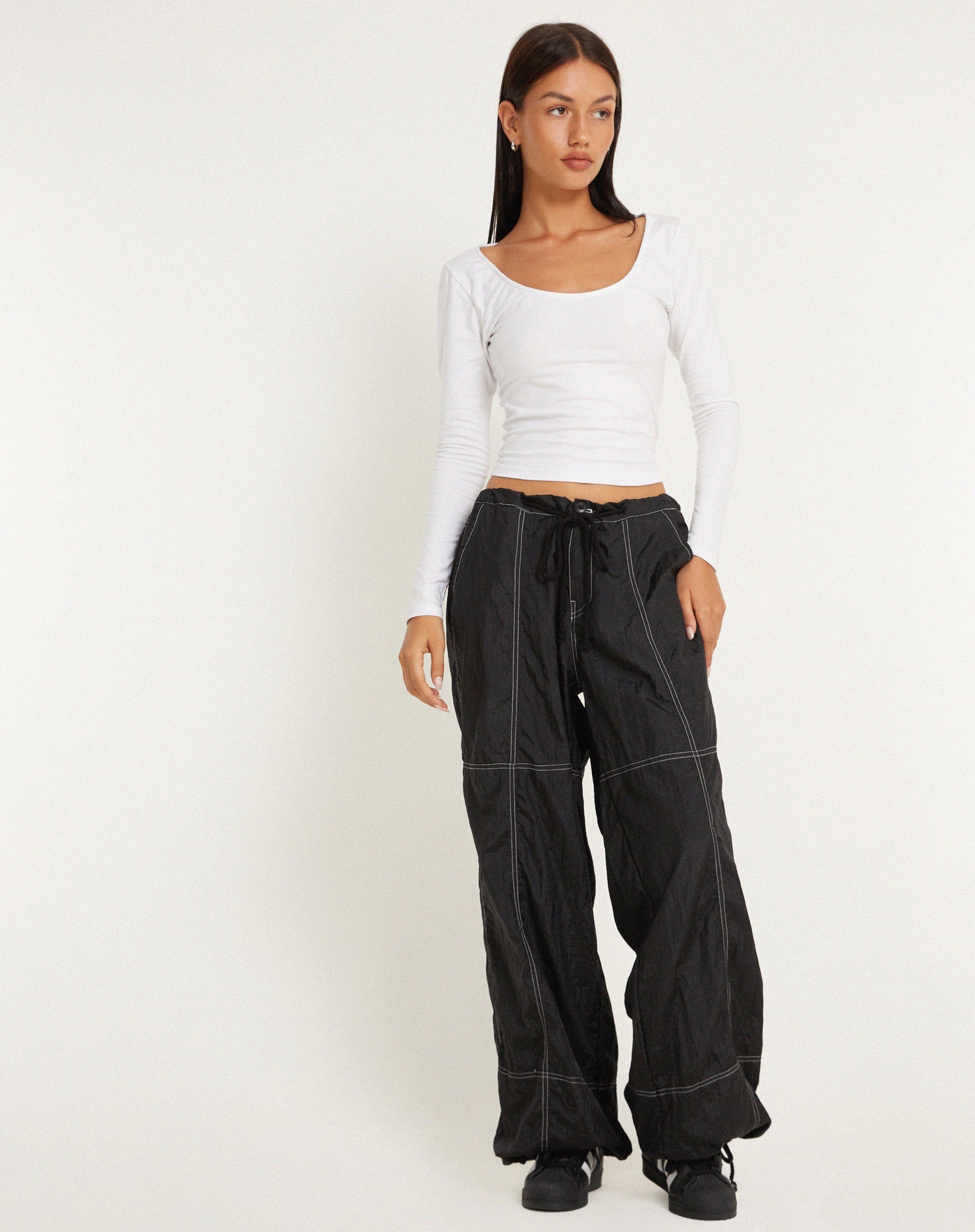 image of Phil Low Waist Trouser in Black with White Top Stitch