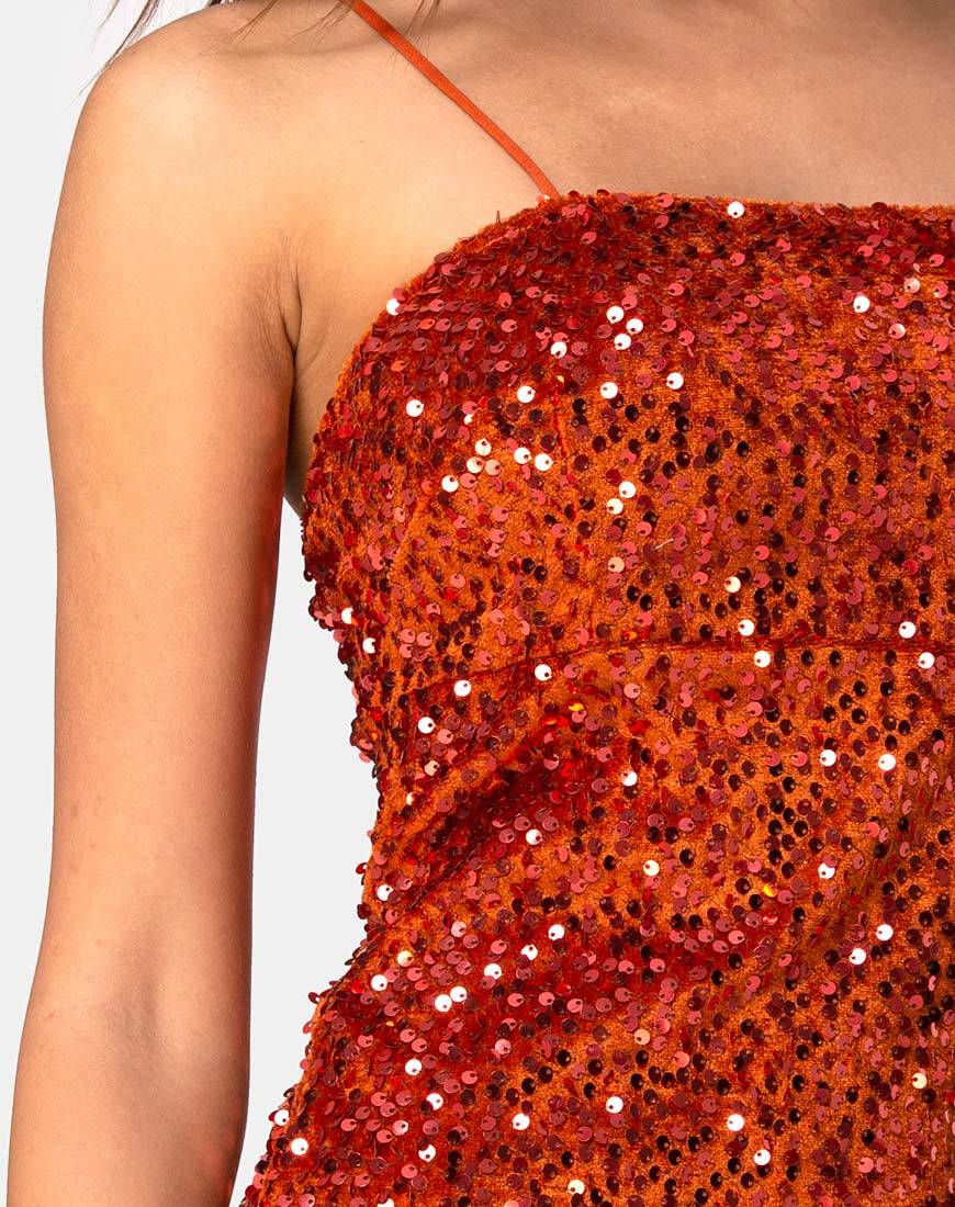 sequin rust dress Rust PrettyLittleThing Sequin Cowl Bead Detail Bodycon Mini Dress