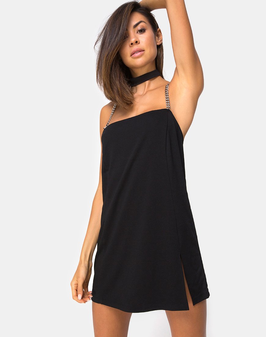Chanista Mini Dress in Black with Silver Chain