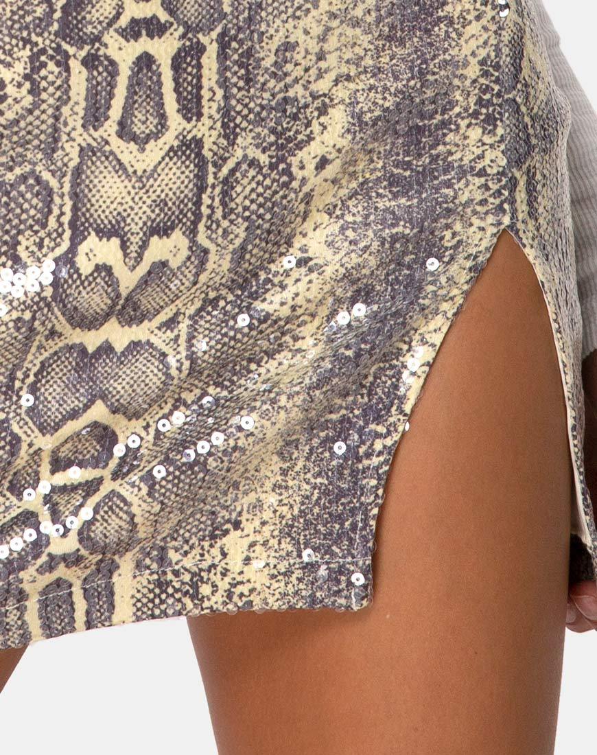 Image of Cheri Split Mini Skirt in Acid Snake Clear Sequin