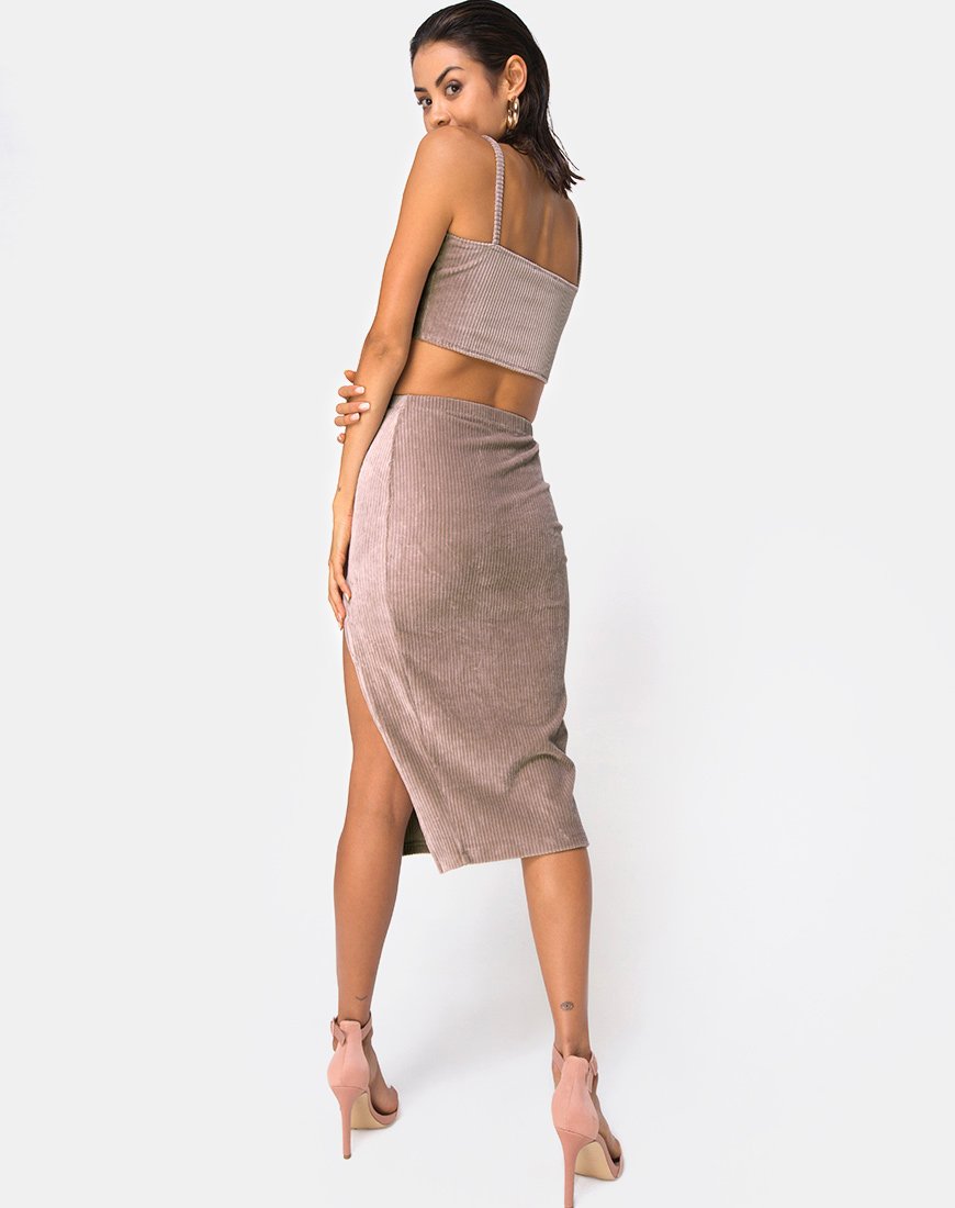 Image of Midi Cheri Split Skirt in Rib Taupe