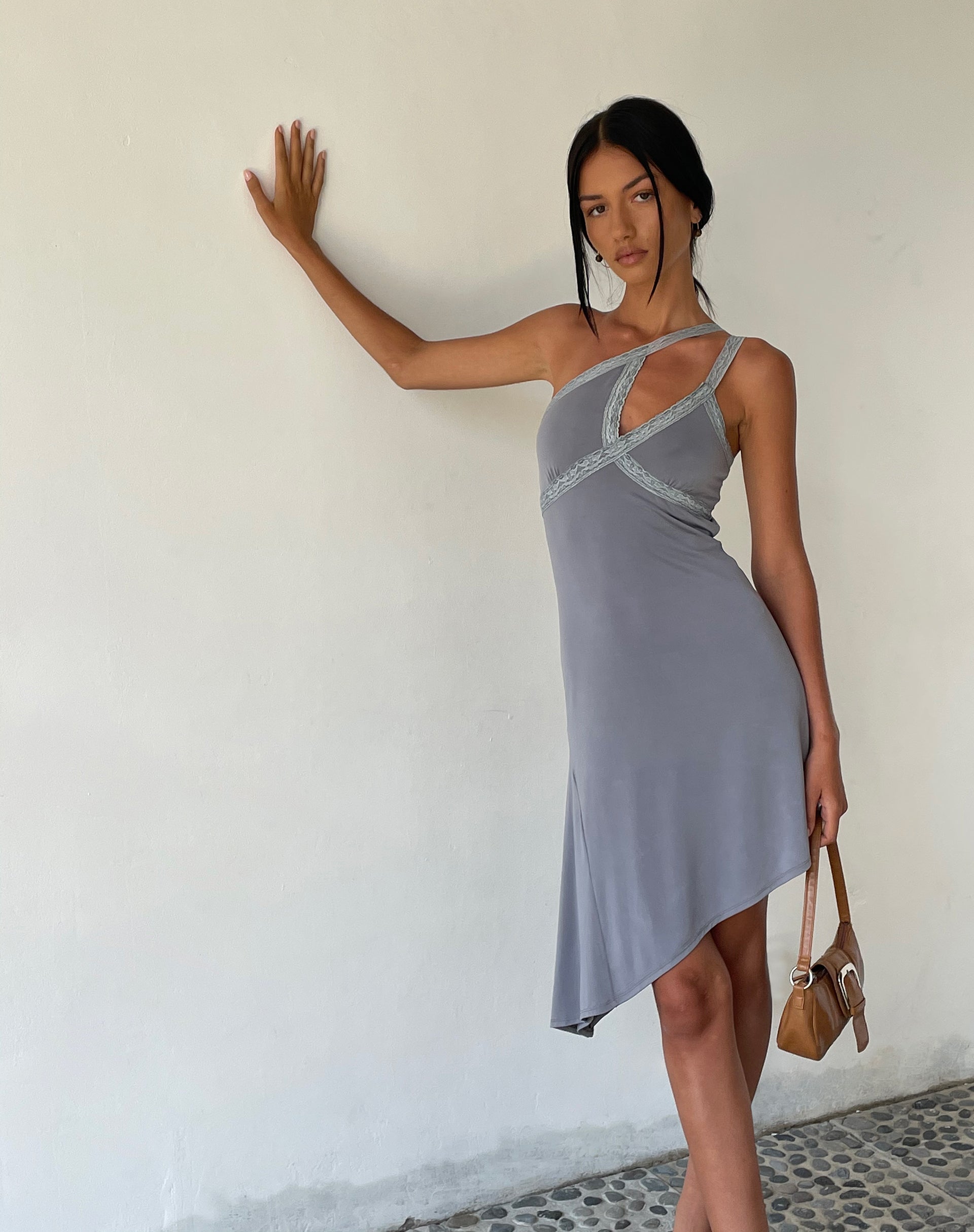 image of MOTEL X JACQUIE Chrissy Asymmetric Mini Dress in Slinky Grey