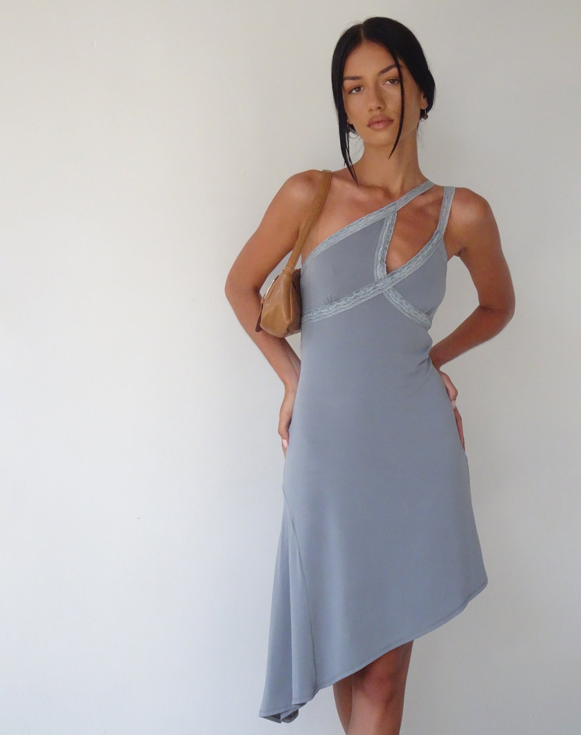 image of MOTEL X JACQUIE Chrissy Asymmetric Mini Dress in Slinky Grey