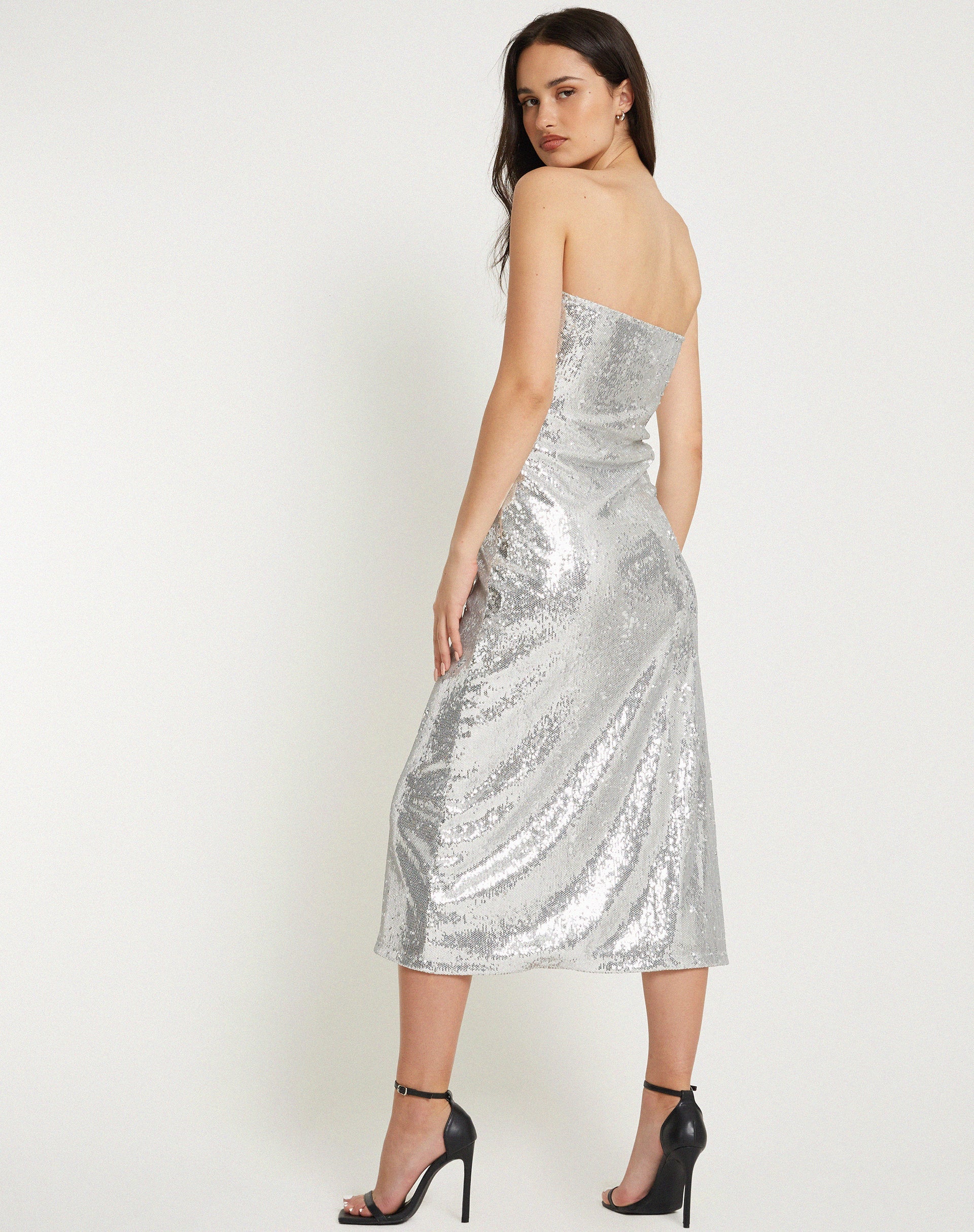 Image of Cleosa Bandeau Maxi dress in Silver Chrome