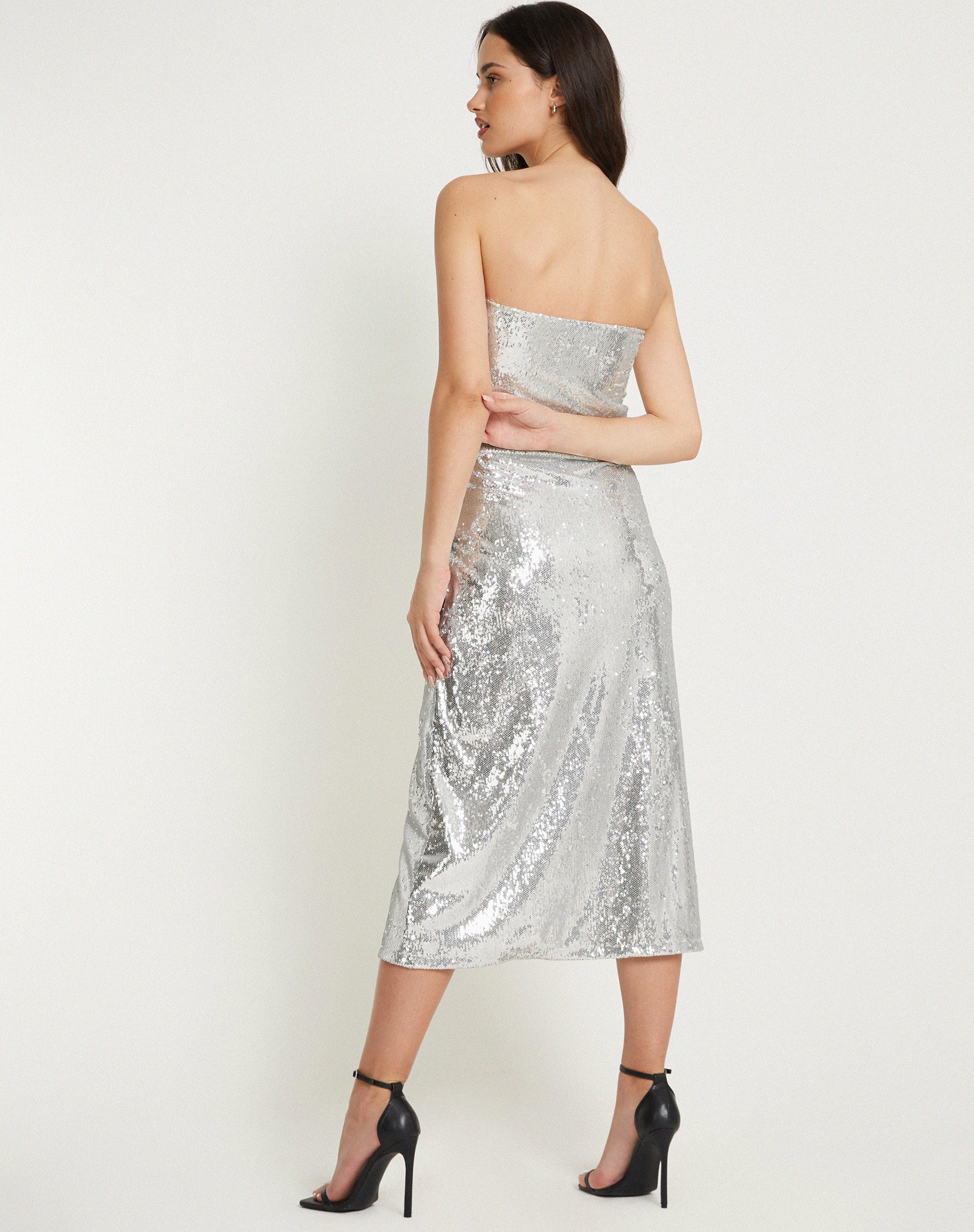 Image of Cleosa Bandeau Maxi dress in Silver Chrome