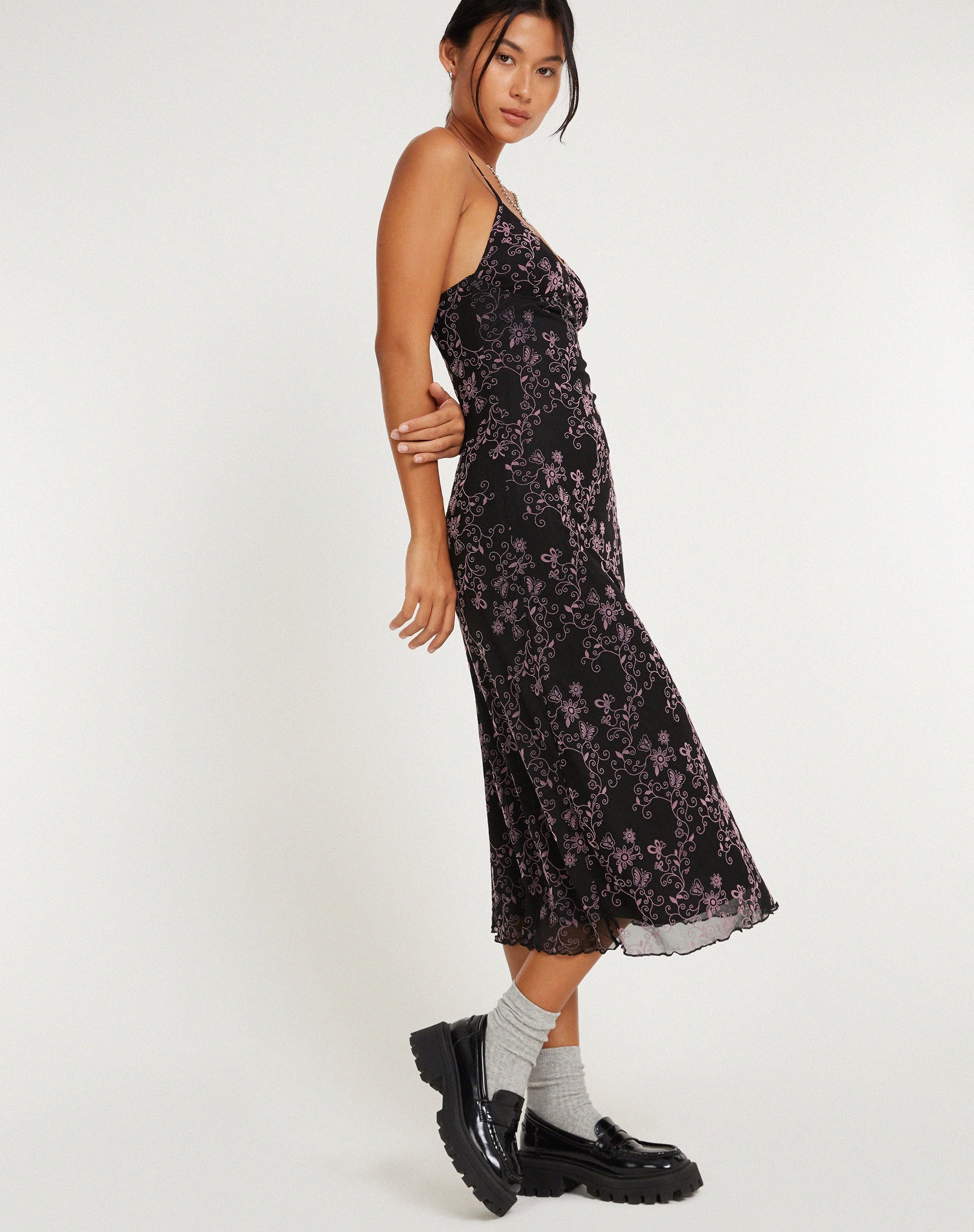 image of Cotina Midi Dress in Butterfly Vine Flock Black and Pink