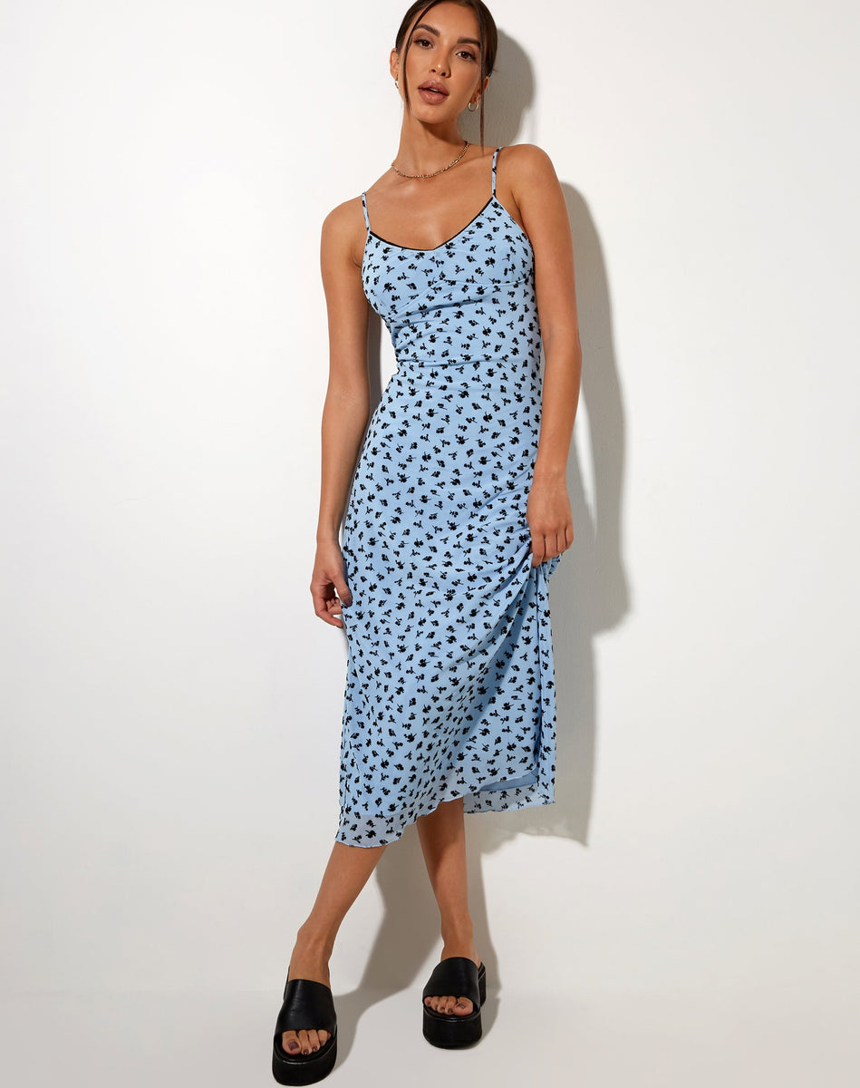 Blue and Black V-Neckline Floral Midi Dress | Cotina – motelrocks-com-us