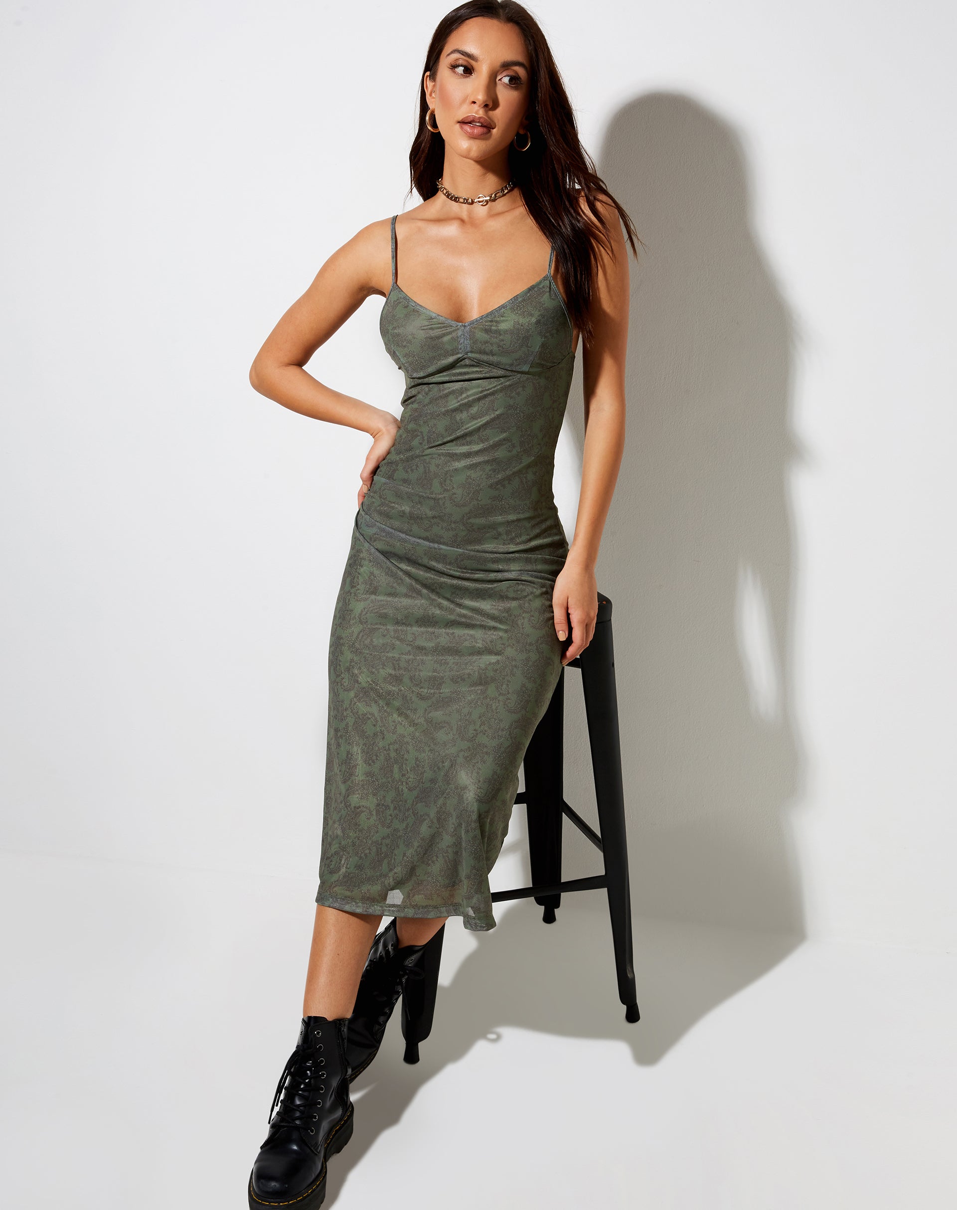 Monochrome Green Paisley Print Mesh Strappy Midi Dress | Cotina motelrocks-com-us Monochrome Green Paisley Print Mesh Strappy Midi Dress | Cotina motelrocks-com-us