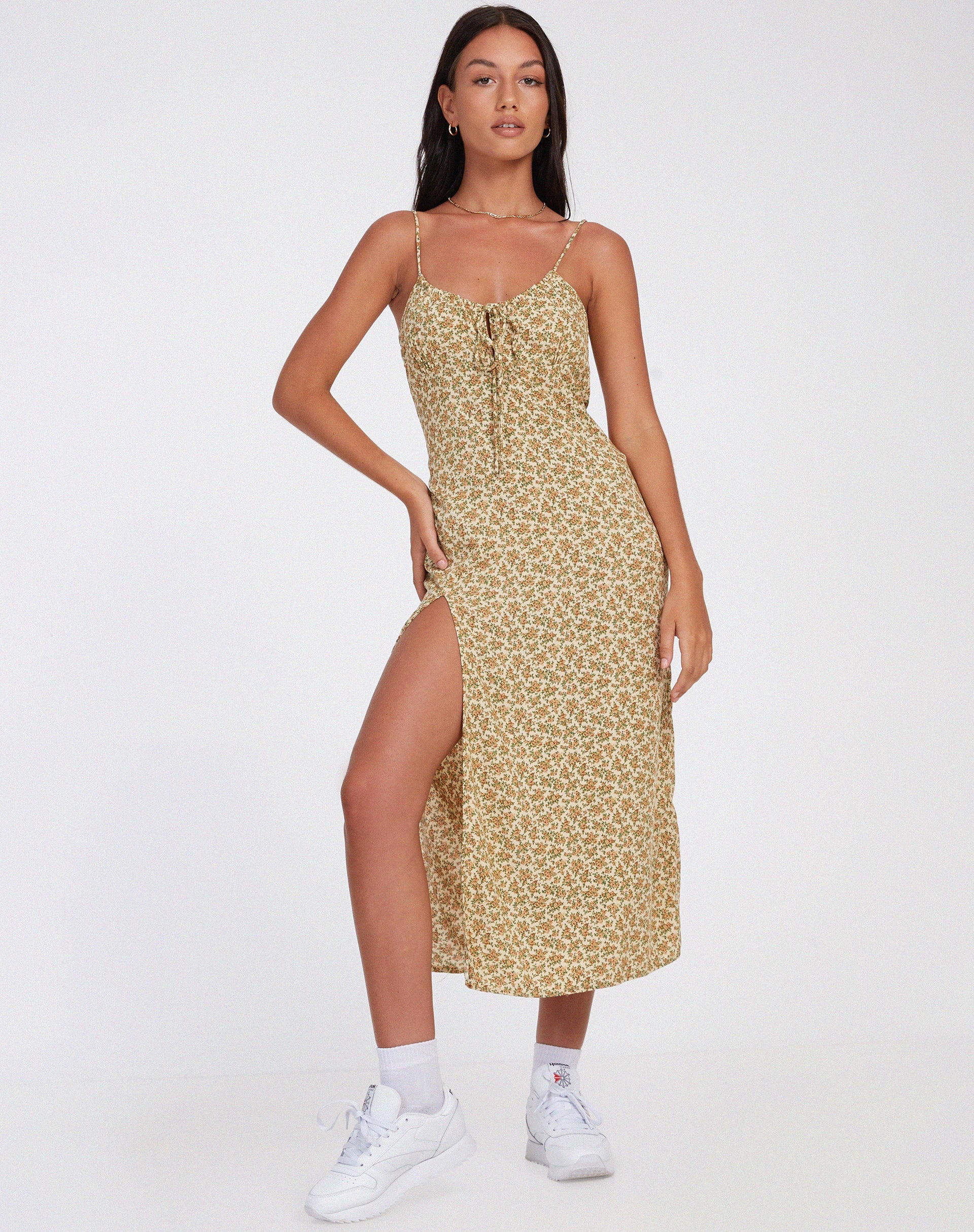 motel cypress midi dress Strappy Purple and White floral Midi Dress