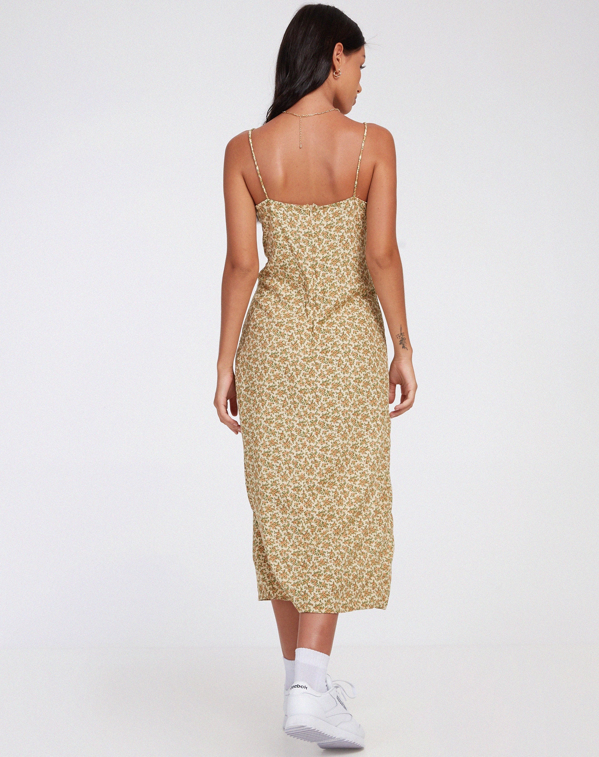 motel cypress midi dress Cypress Midi Dress in Dark Wild Flower Cantaloupe