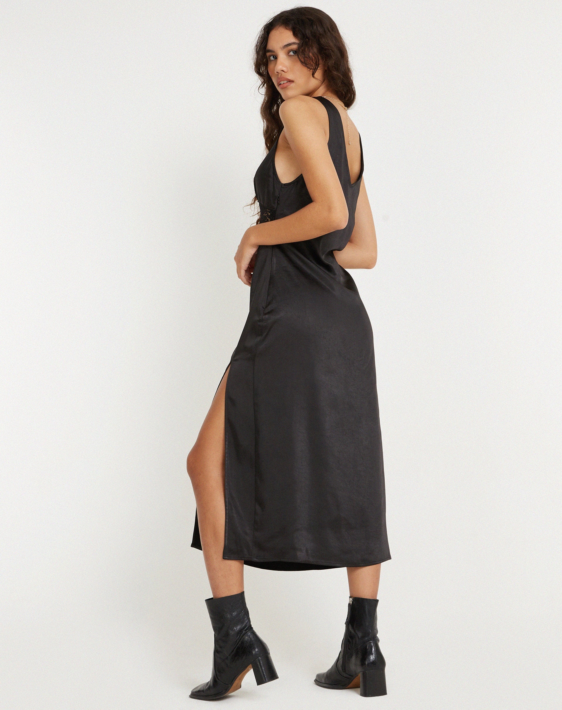 Satin Black Plunge Neck Lace Maxi Dress | Damora motelrocks-com-us Satin Black Plunge Neck Lace Maxi Dress | Damora motelrocks-com-us