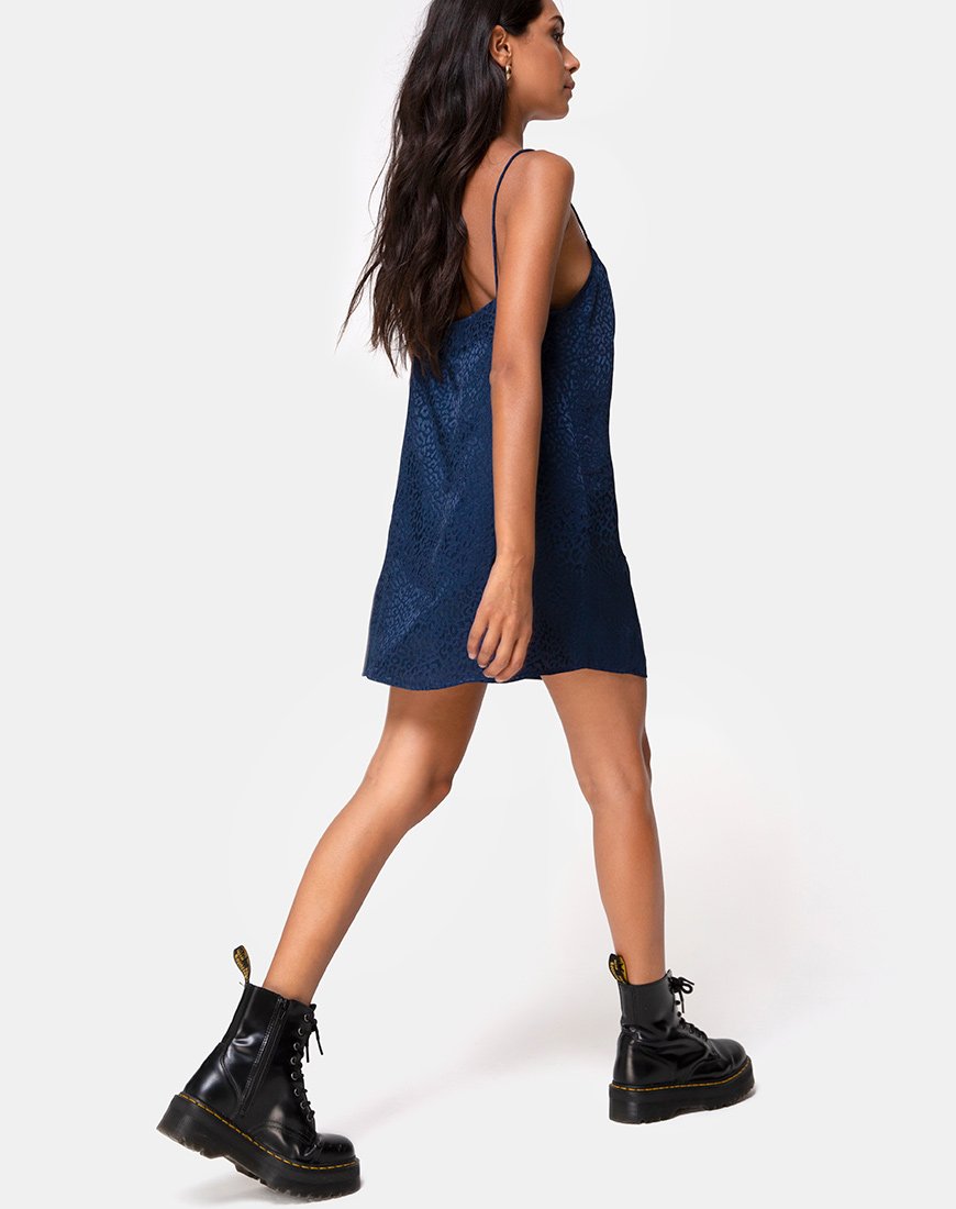 Datista Slip Dress in Satin Cheetah Navy motelrocks-com-us Datista Slip Dress in Satin Cheetah Navy motelrocks-com-us